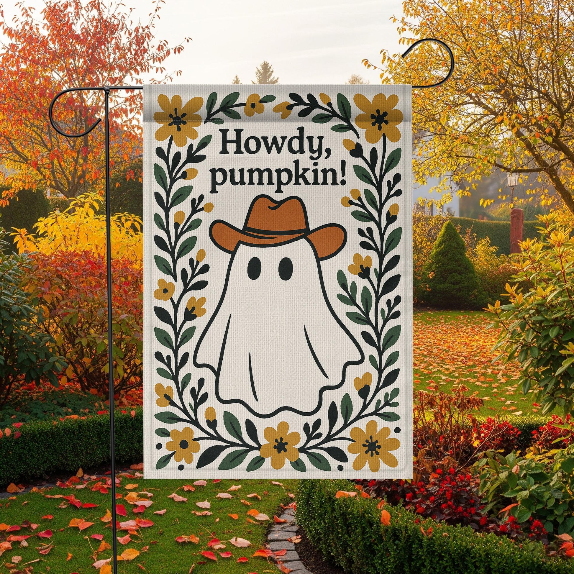 Howdy Pumpkin Garden Flag, Western Ghost Fall Yard Decor, Cute Cowboy Halloween Outdoor Sign, Rustic Floral Autumn Banner