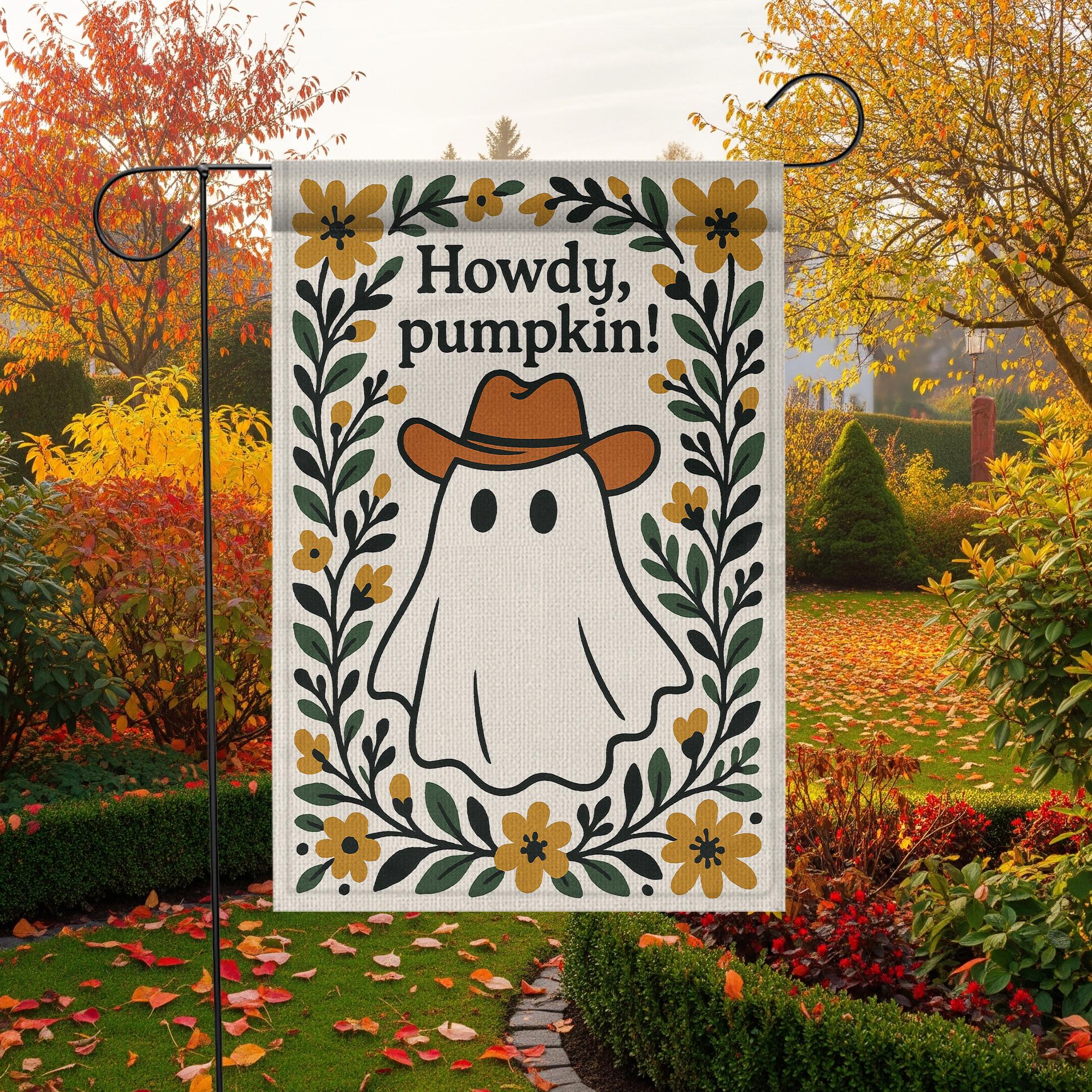 Howdy Pumpkin Garden Flag, Western Ghost Fall Yard Decor, Cute Cowboy Halloween Outdoor Sign, Rustic Floral Autumn Banner