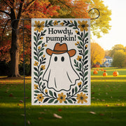 Howdy Pumpkin Garden Flag, Western Ghost Fall Yard Decor, Cute Cowboy Halloween Outdoor Sign, Rustic Floral Autumn Banner