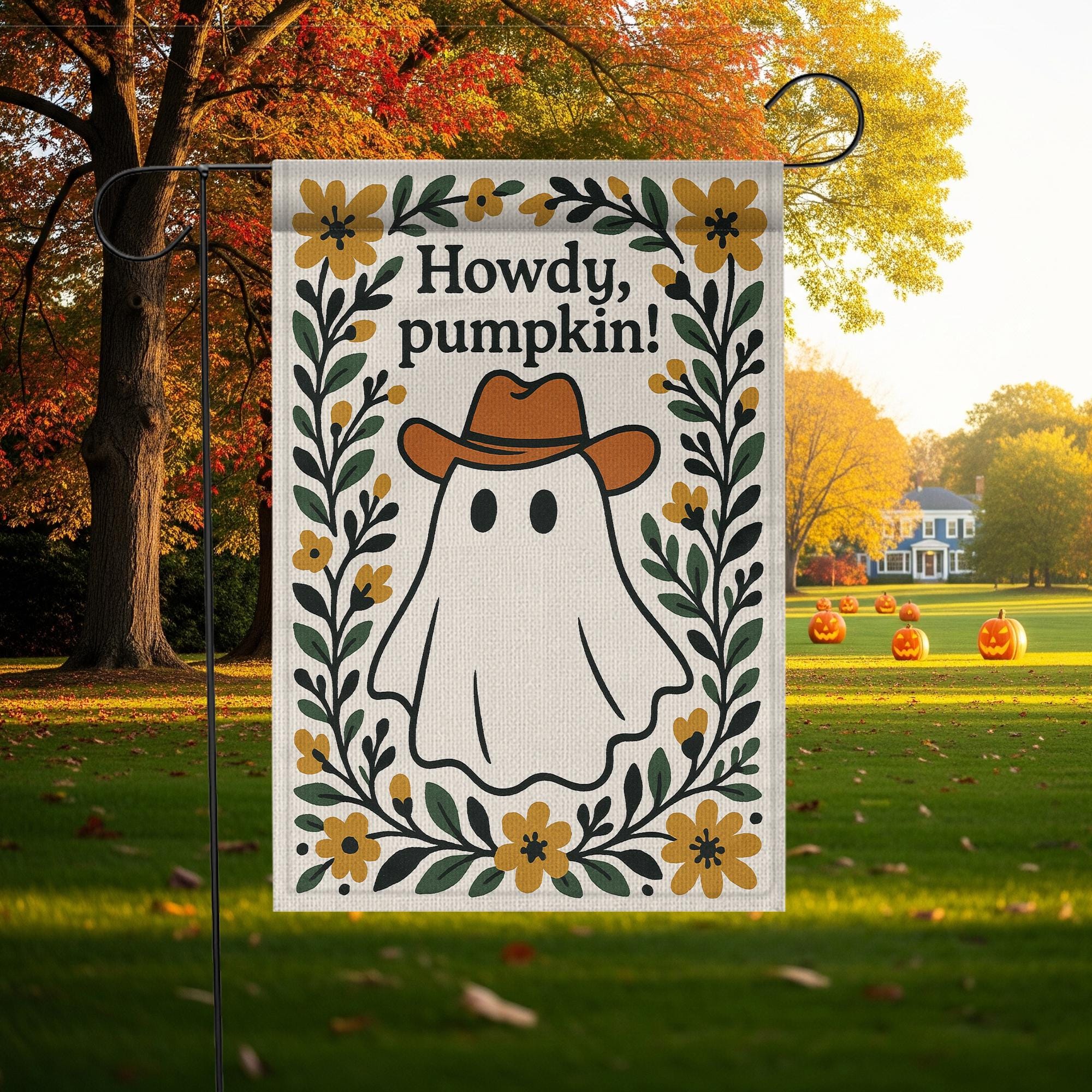 Howdy Pumpkin Garden Flag, Western Ghost Fall Yard Decor, Cute Cowboy Halloween Outdoor Sign, Rustic Floral Autumn Banner