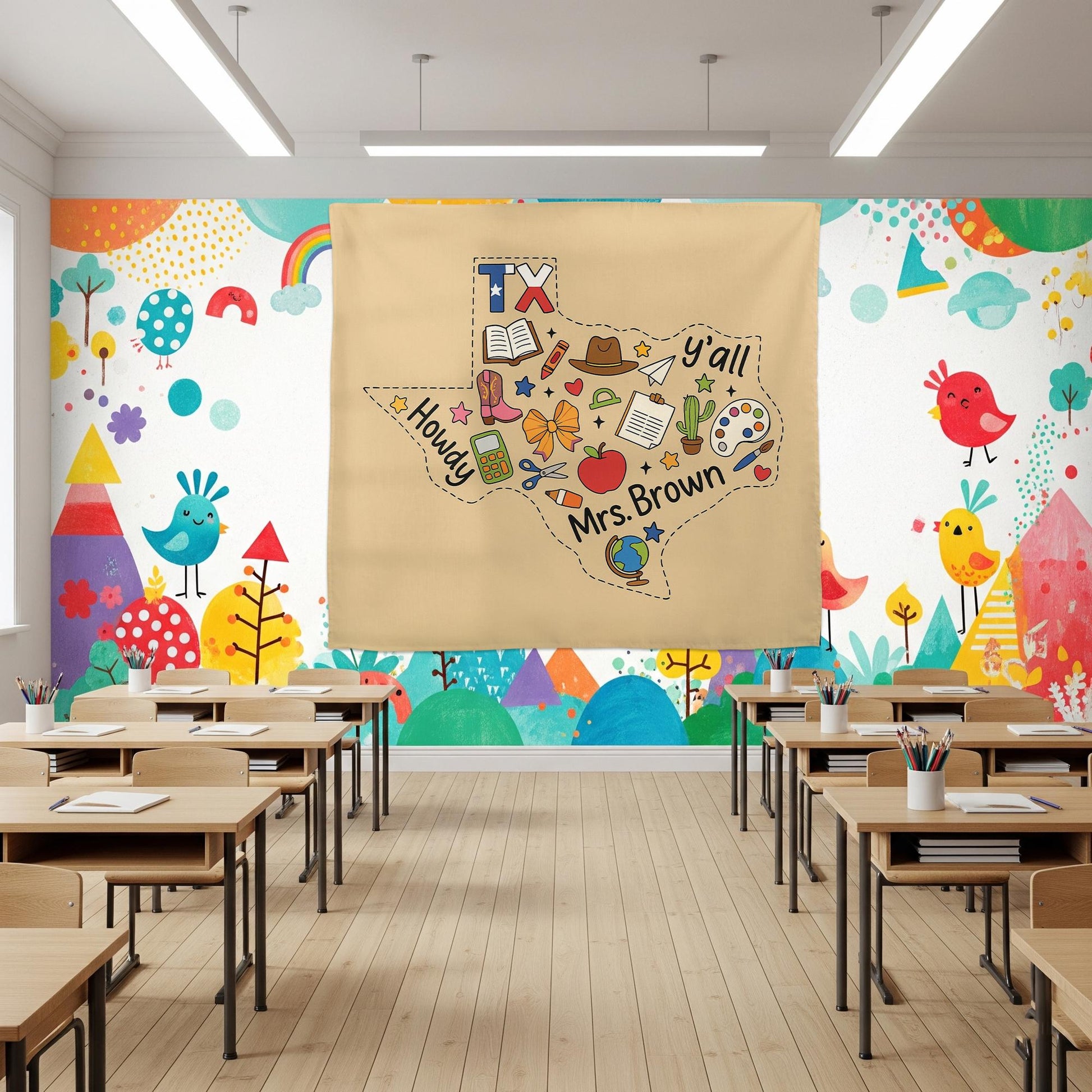 Custom Texas Teacher Tapestry – Personalized Classroom Wall Decor with Name, Howdy Y’all School Banner, Back to School Gift