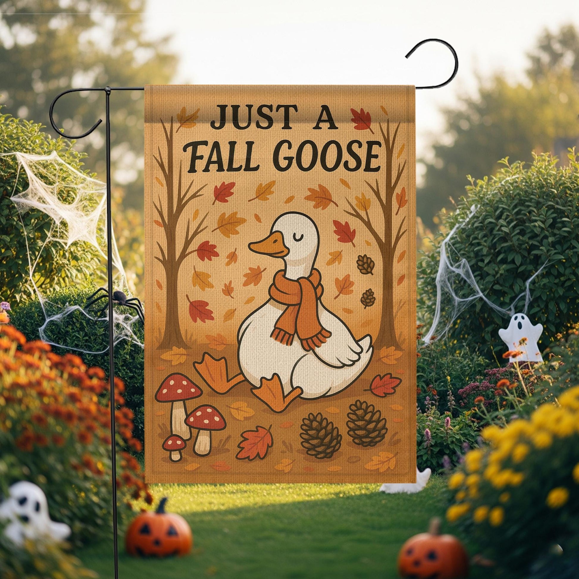 Just a Fall Goose Garden Flag, Cute Autumn Yard Decor, Cozy Goose Outdoor Flag, Funny Thanksgiving Garden Banner