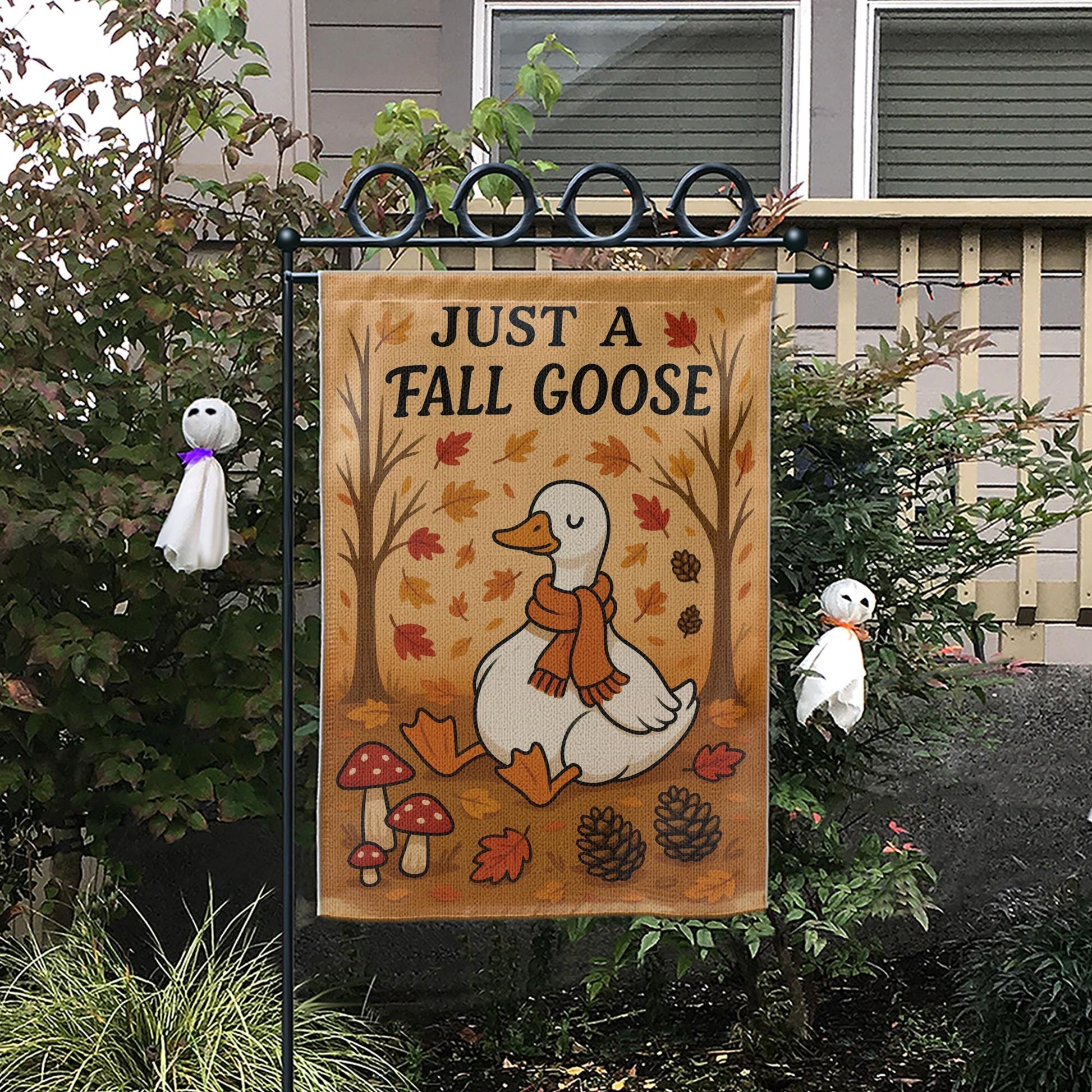 Just a Fall Goose Garden Flag, Cute Autumn Yard Decor, Cozy Goose Outdoor Flag, Funny Thanksgiving Garden Banner