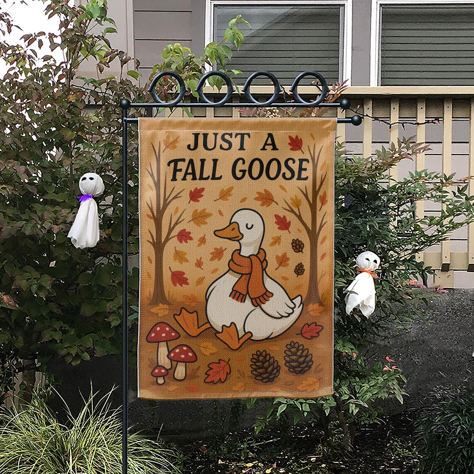 Just a Fall Goose Garden Flag, Cute Autumn Yard Decor, Cozy Goose Outdoor Flag, Funny Thanksgiving Garden Banner