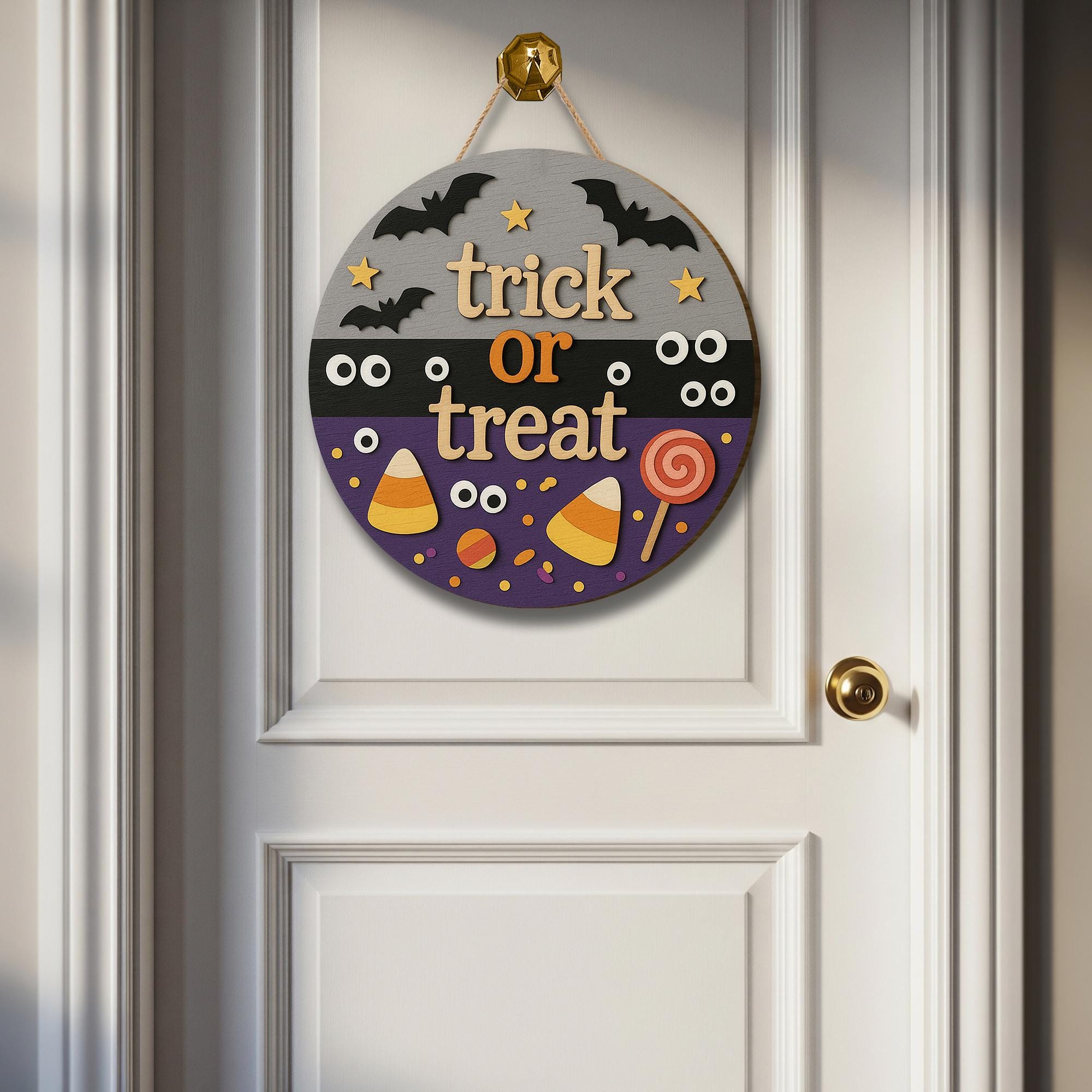 Trick or Treat 3D Wooden Sign, Halloween Candy Door Hanger, Cute Bat Wall Decor, Fun Fall Porch Decoration for Kids