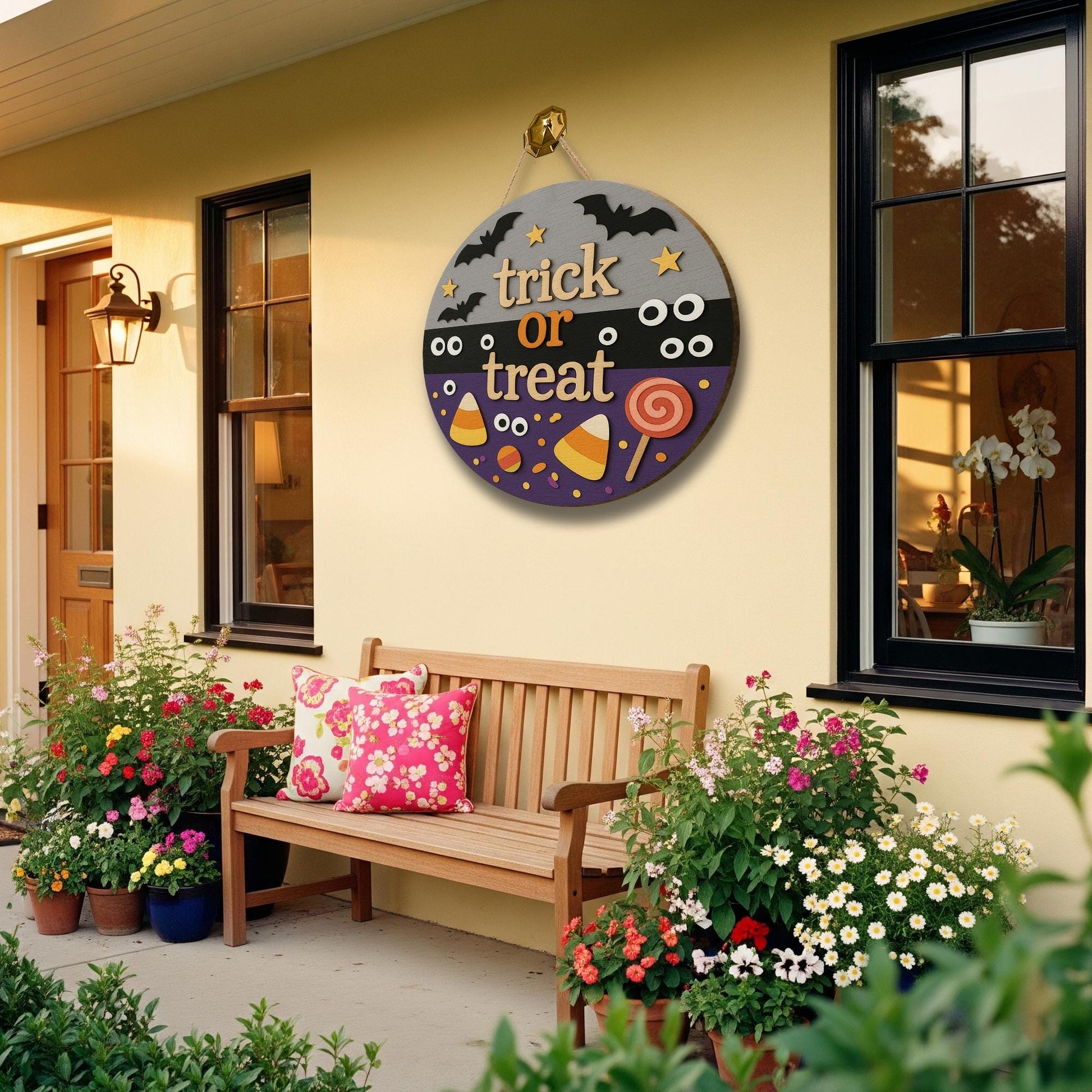 Trick or Treat 3D Wooden Sign, Halloween Candy Door Hanger, Cute Bat Wall Decor, Fun Fall Porch Decoration for Kids