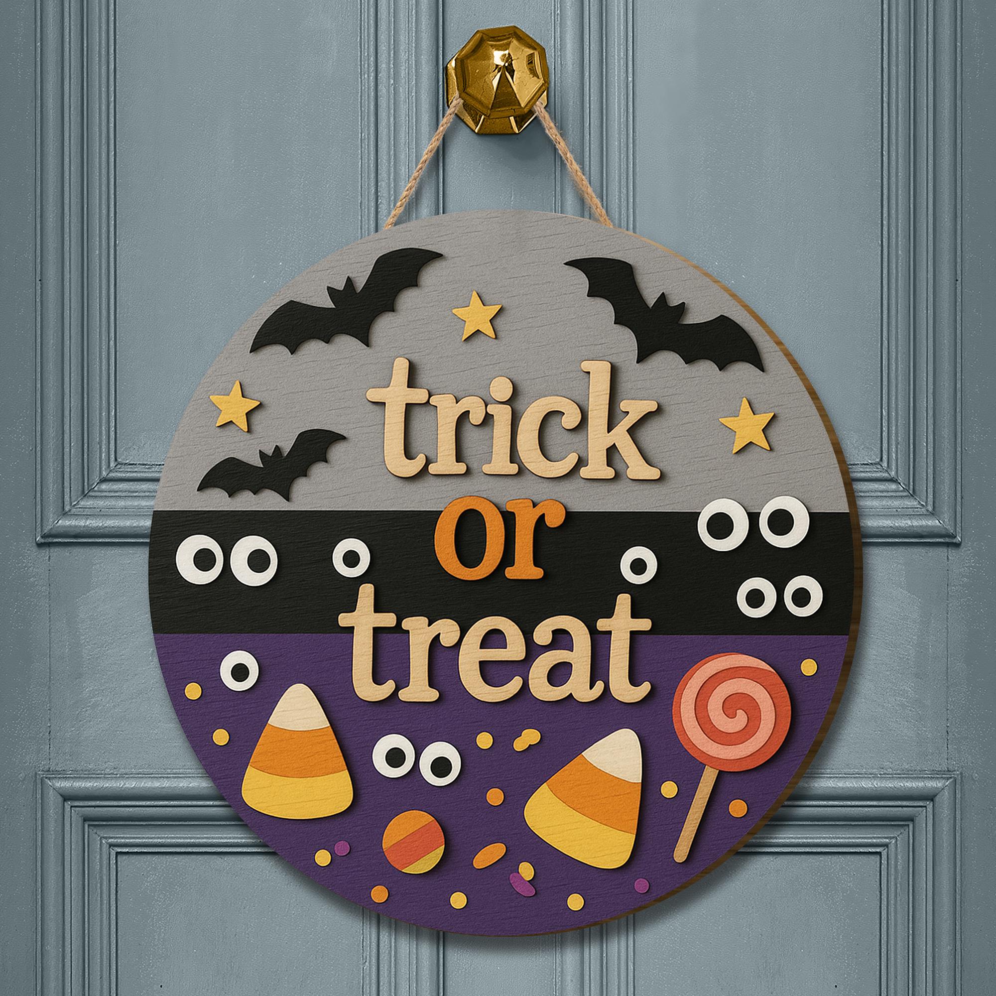 Trick or Treat 3D Wooden Sign, Halloween Candy Door Hanger, Cute Bat Wall Decor, Fun Fall Porch Decoration for Kids