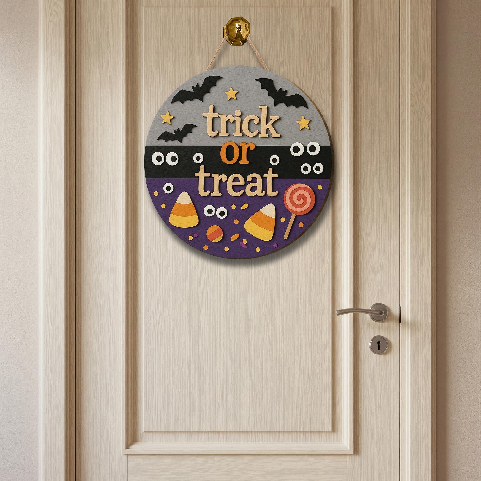 Trick or Treat 3D Wooden Sign, Halloween Candy Door Hanger, Cute Bat Wall Decor, Fun Fall Porch Decoration for Kids