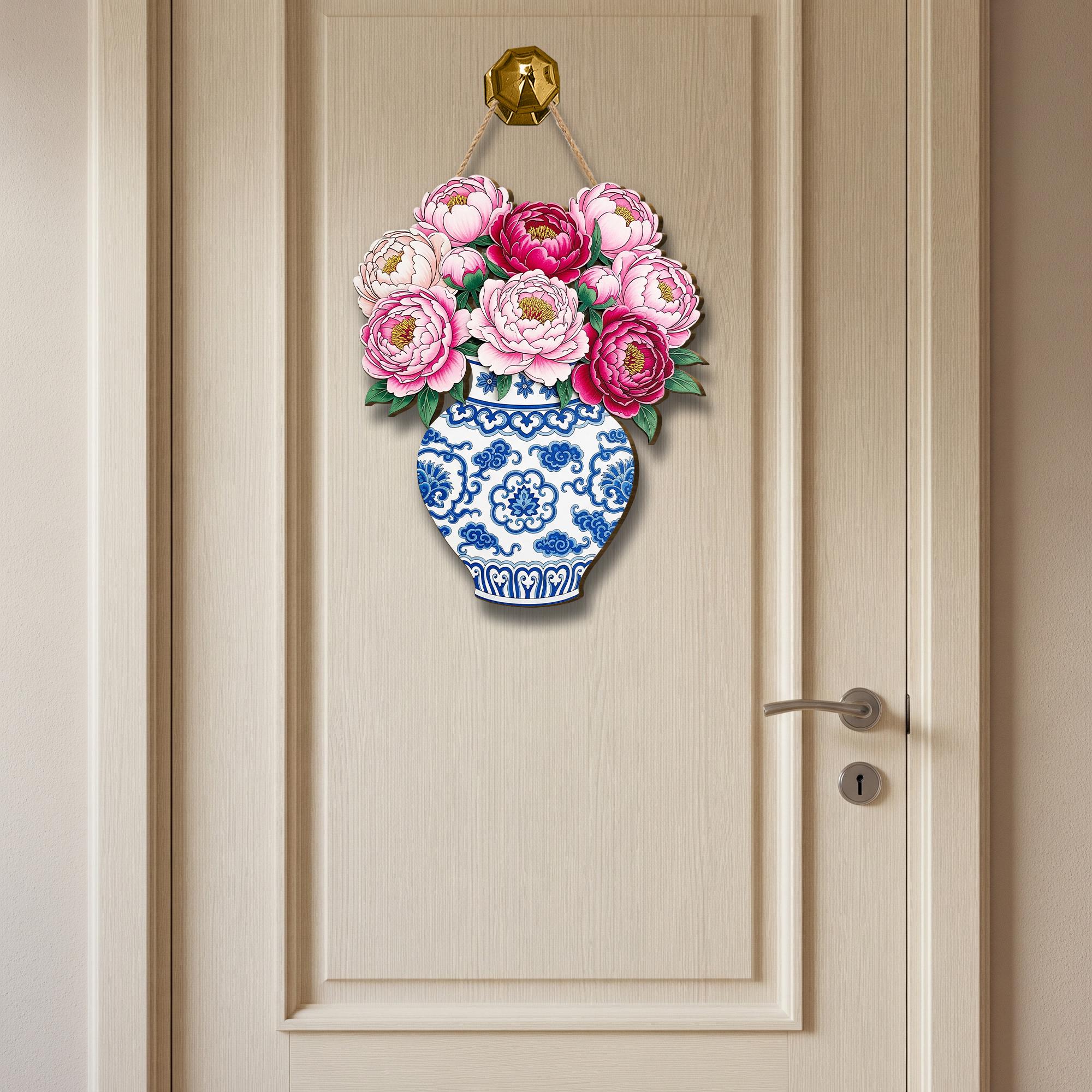 Peony Vase Door Hanger – Chinoiserie Floral Wooden Sign, Elegant Spring Porch Decor, Cottagecore Front Door Hanging Decoration