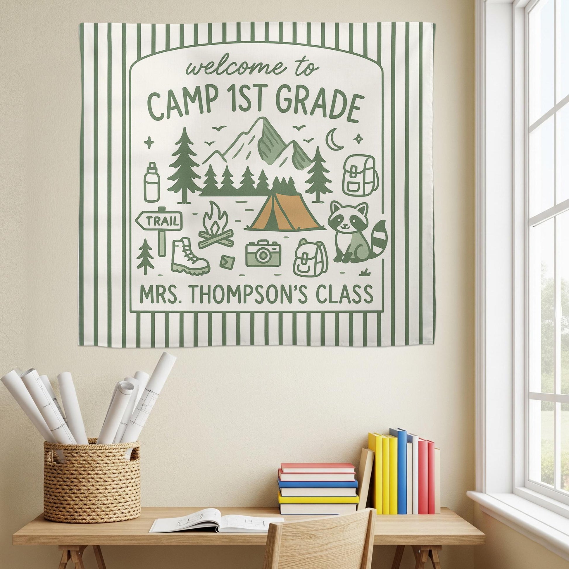 Camp 1st Grade Classroom Tapestry, Custom Camping Theme Wall Decor, Back to School Banner, Teacher Door Sign, Cute Tapestry