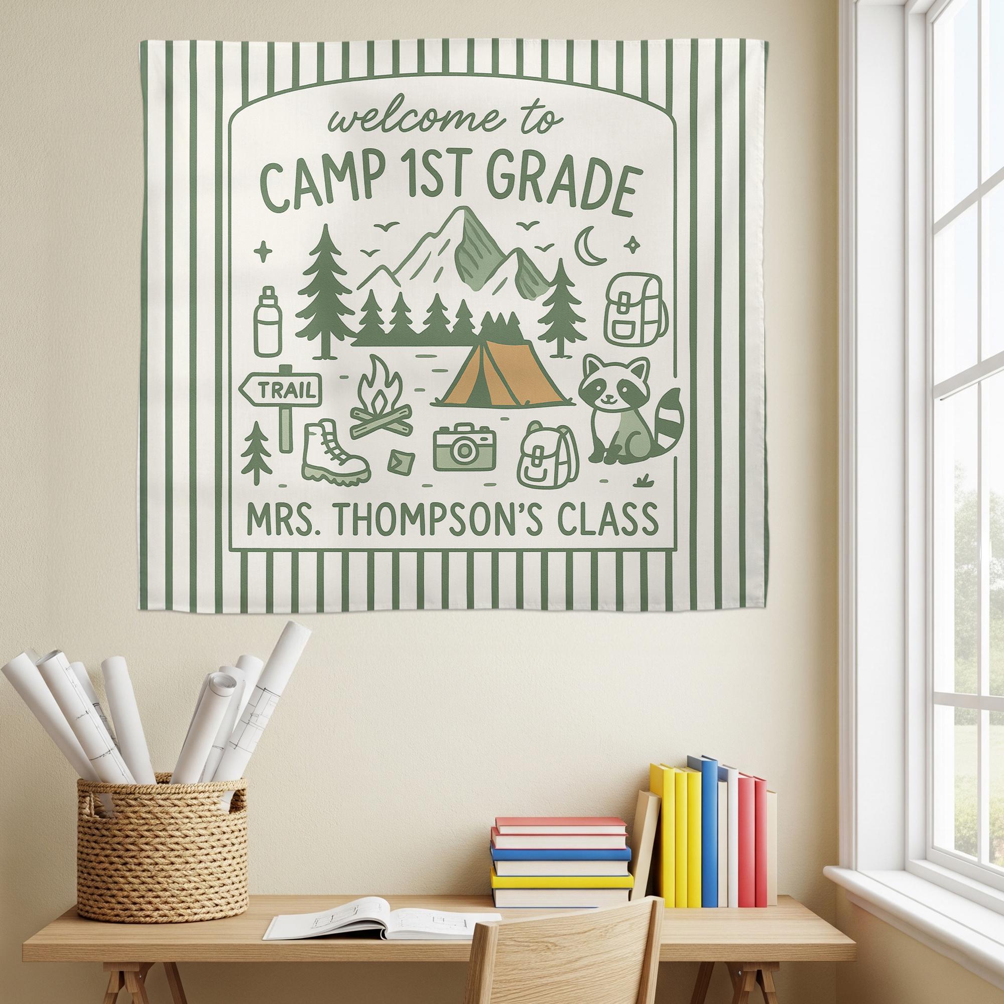 Camp 1st Grade Classroom Tapestry, Custom Camping Theme Wall Decor, Back to School Banner, Teacher Door Sign, Cute Tapestry