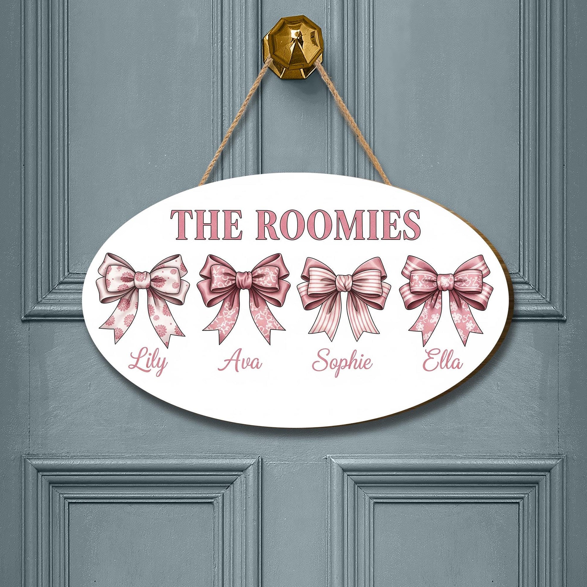 Custom Roomie Door Sign | Coquette College Room Decor | Pink Bow Roommate Name Plaque | Cute Dorm Door Hanger | Personalized Girls Gift