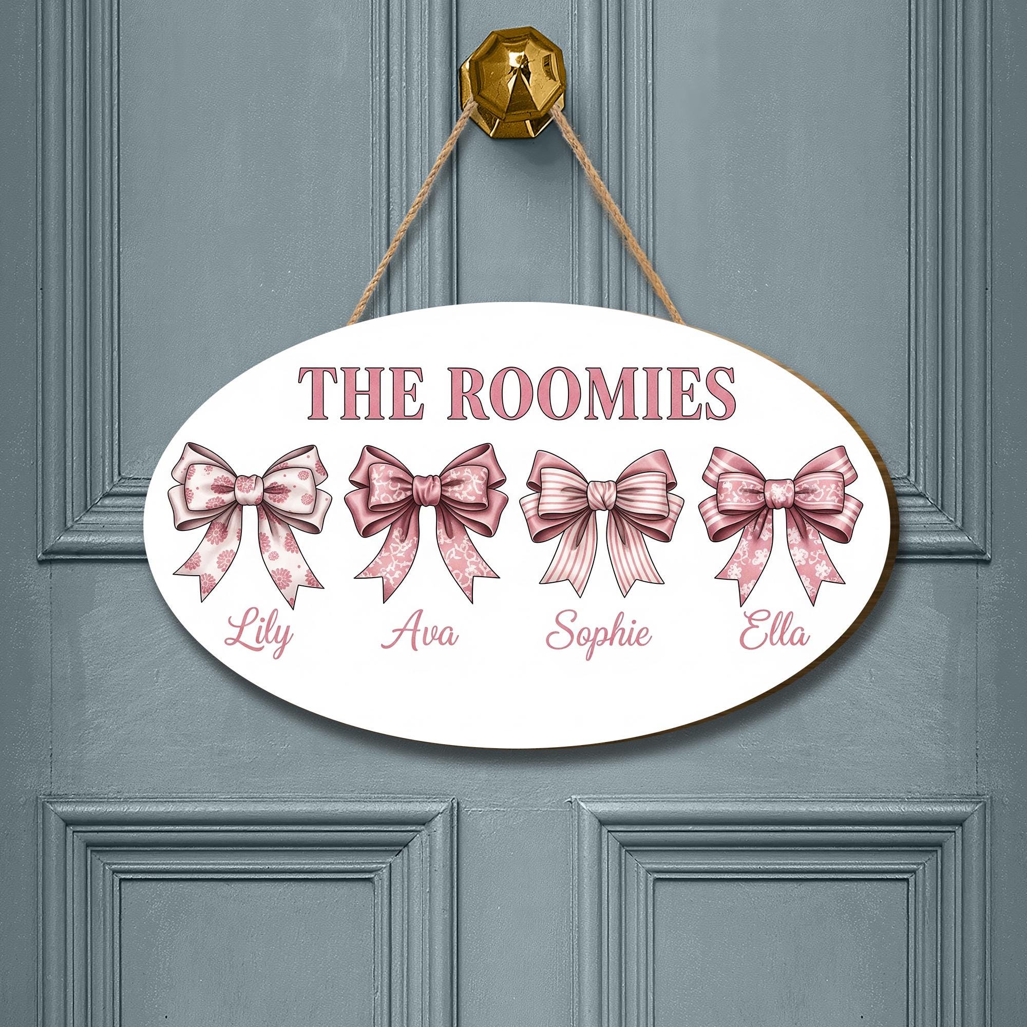 Custom Roomie Door Sign | Coquette College Room Decor | Pink Bow Roommate Name Plaque | Cute Dorm Door Hanger | Personalized Girls Gift