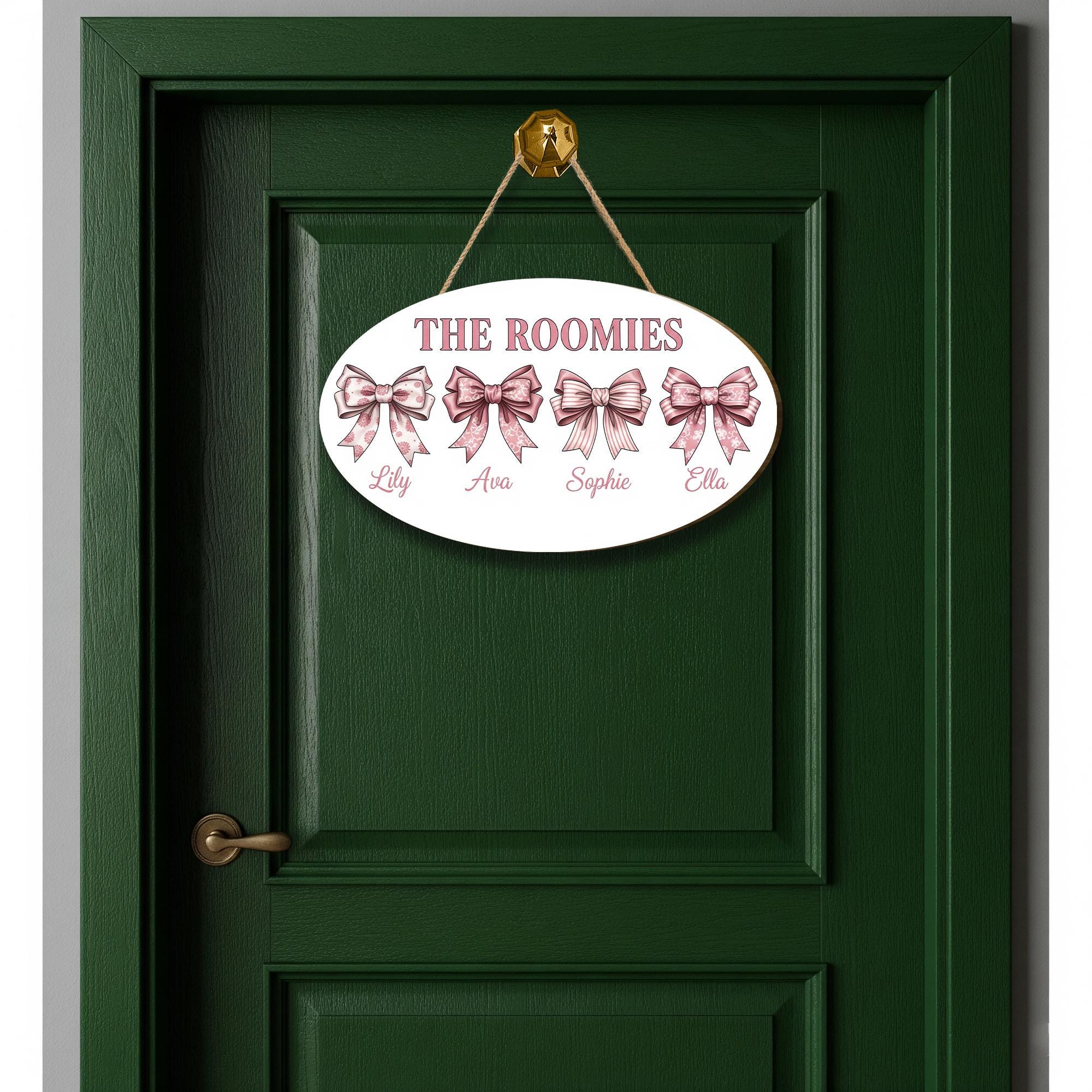 Custom Roomie Door Sign | Coquette College Room Decor | Pink Bow Roommate Name Plaque | Cute Dorm Door Hanger | Personalized Girls Gift