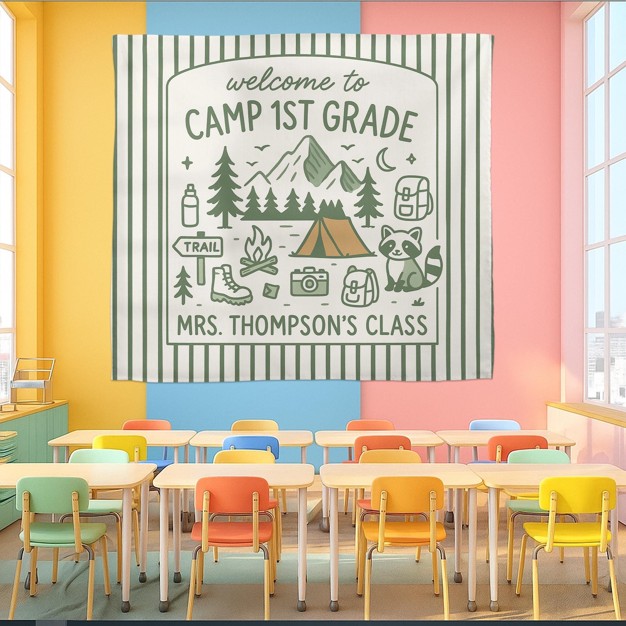 Camp 1st Grade Classroom Tapestry, Custom Camping Theme Wall Decor, Back to School Banner, Teacher Door Sign, Cute Tapestry