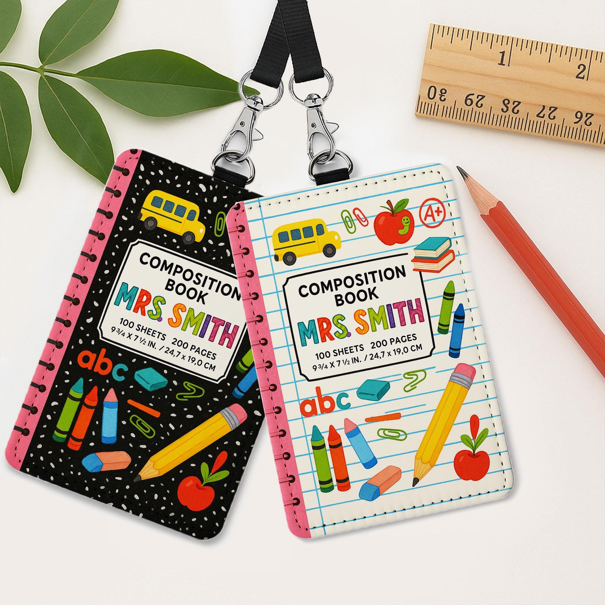 Custom Teacher Badge Holder, Cute Composition Book ID Badge Reel, Personalized Teacher Lanyard, Back to School Gift for Teacher