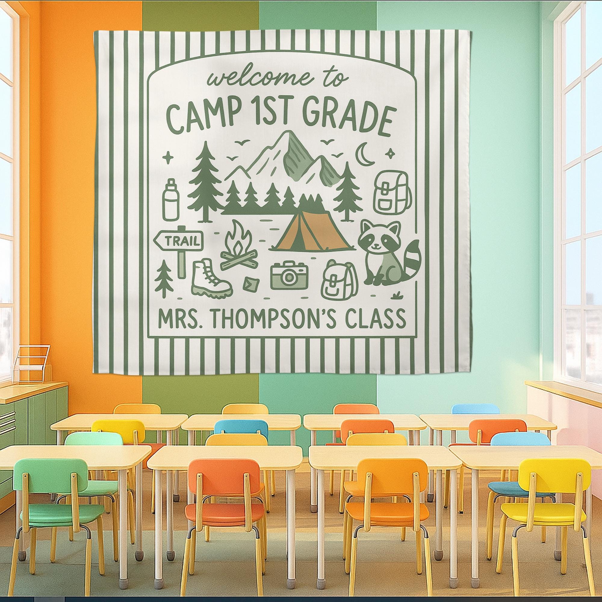 Camp 1st Grade Classroom Tapestry, Custom Camping Theme Wall Decor, Back to School Banner, Teacher Door Sign, Cute Tapestry