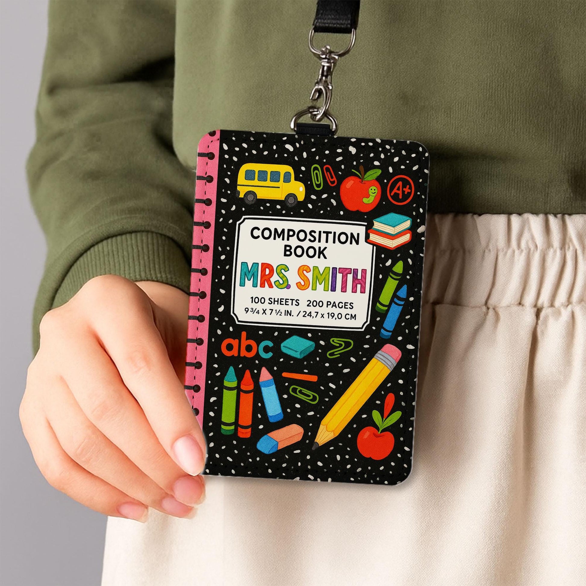 Custom Teacher Badge Holder, Cute Composition Book ID Badge Reel, Personalized Teacher Lanyard, Back to School Gift for Teacher