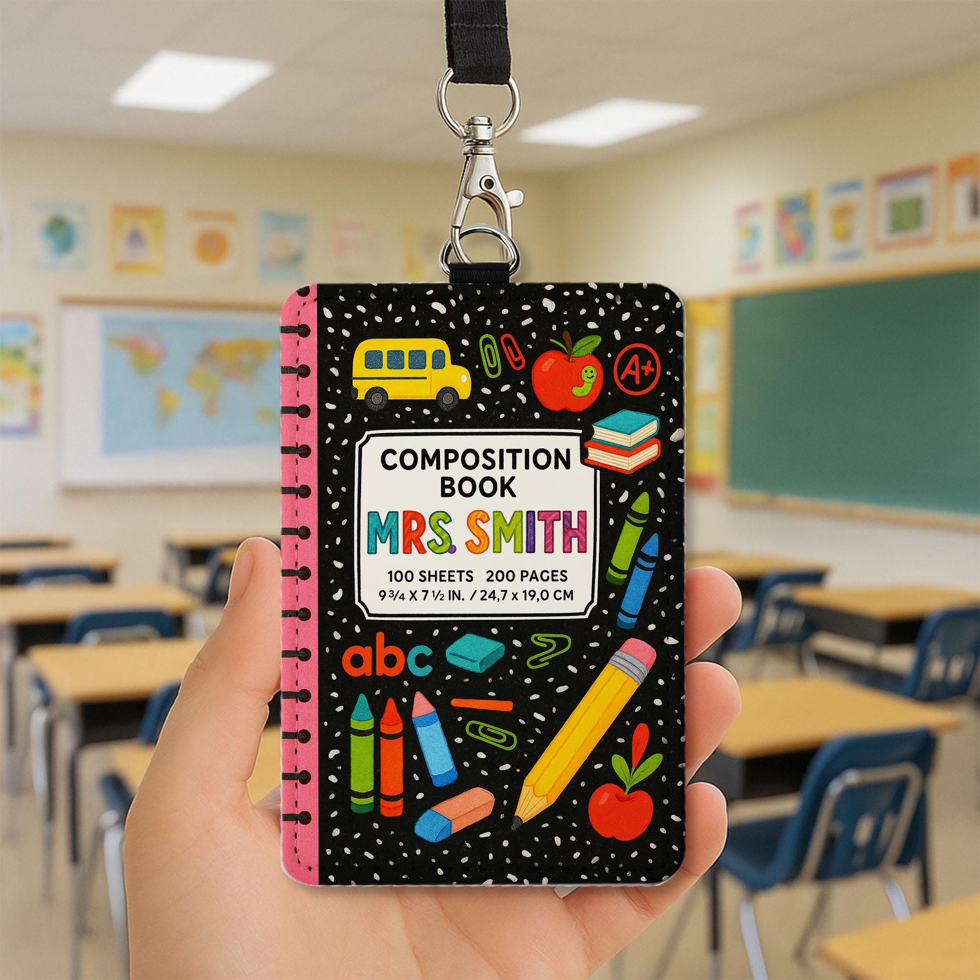 Custom Teacher Badge Holder, Cute Composition Book ID Badge Reel, Personalized Teacher Lanyard, Back to School Gift for Teacher