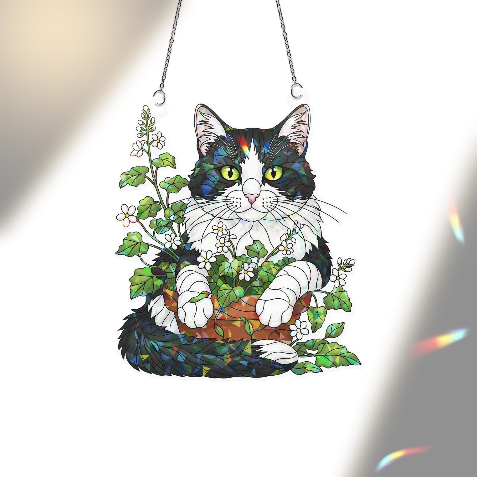 Cat in Flower Pot Suncatcher – Stained Glass Style Window Hanging, Holographic Kitty Plant Decor, Cat Lover Gift, Whimsical Sun Catcher