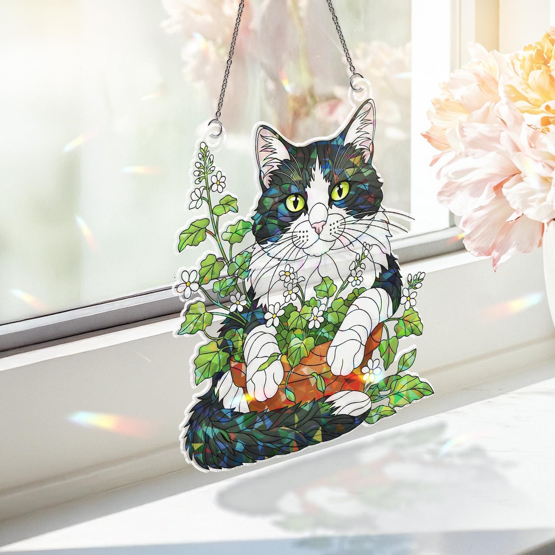 Cat in Flower Pot Suncatcher – Stained Glass Style Window Hanging, Holographic Kitty Plant Decor, Cat Lover Gift, Whimsical Sun Catcher