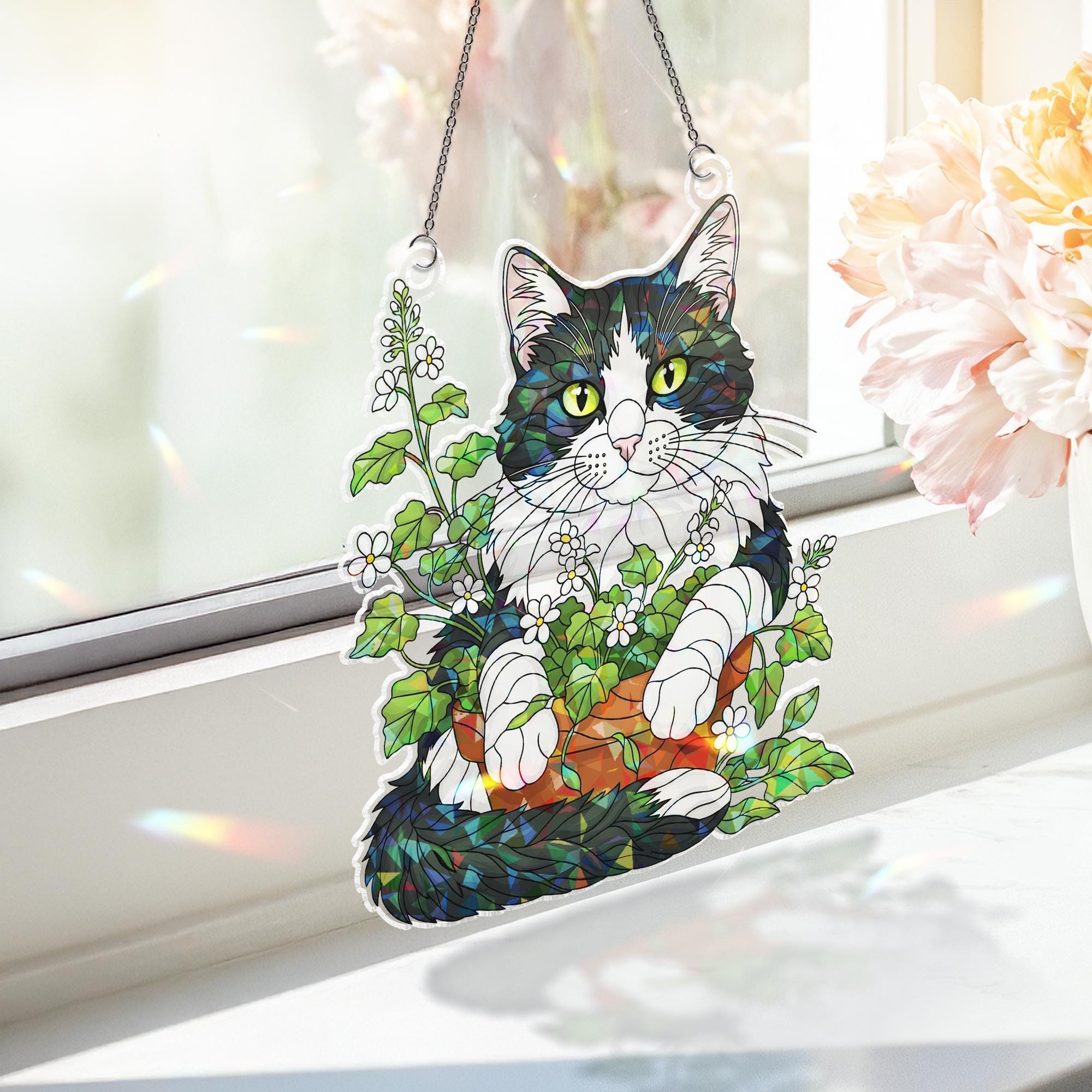 Cat in Flower Pot Suncatcher – Stained Glass Style Window Hanging, Holographic Kitty Plant Decor, Cat Lover Gift, Whimsical Sun Catcher