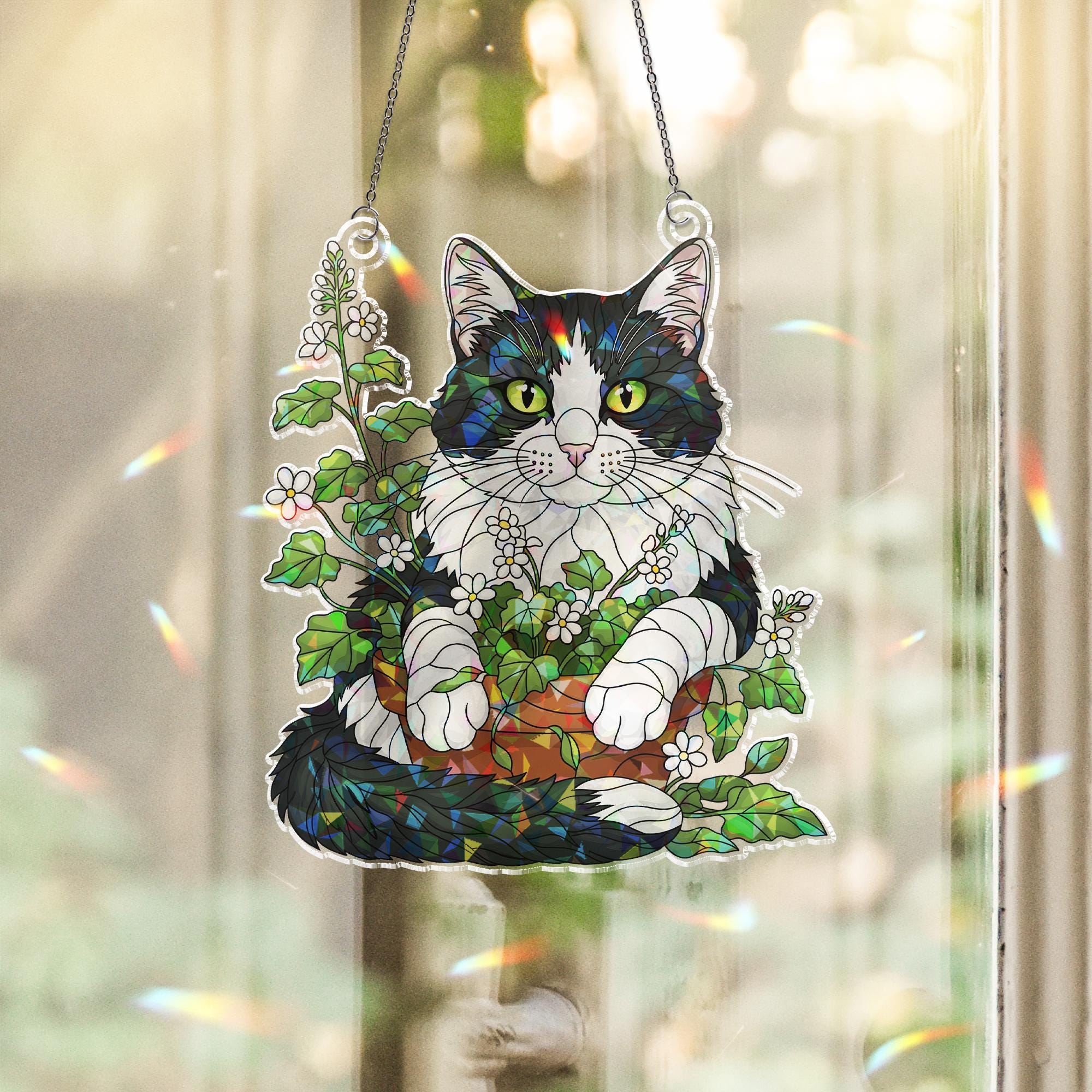 Cat in Flower Pot Suncatcher – Stained Glass Style Window Hanging, Holographic Kitty Plant Decor, Cat Lover Gift, Whimsical Sun Catcher