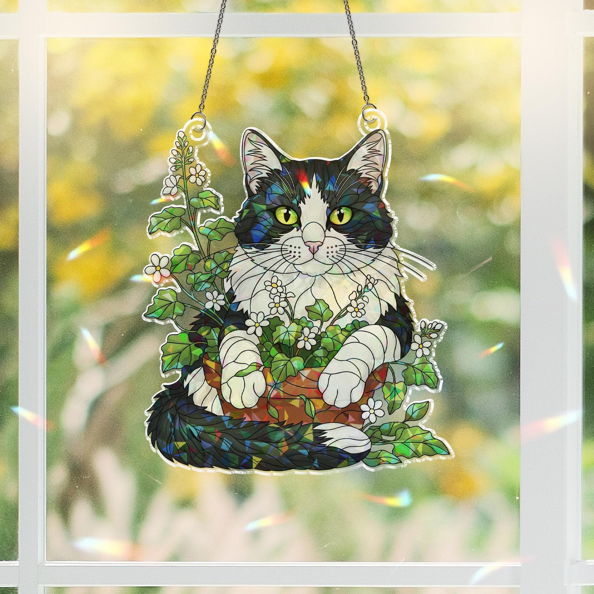 Cat in Flower Pot Suncatcher – Stained Glass Style Window Hanging, Holographic Kitty Plant Decor, Cat Lover Gift, Whimsical Sun Catcher
