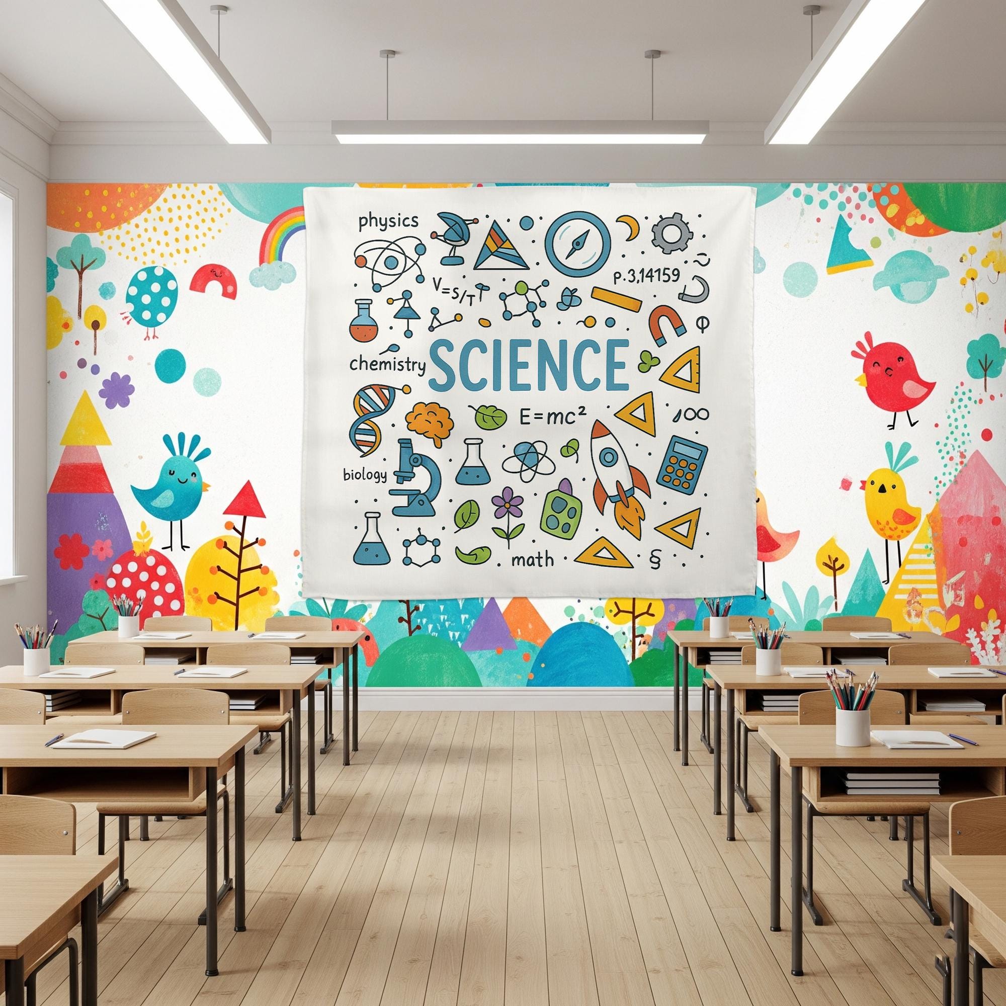 Colorful Science Classroom Tapestry, STEM Wall Art for Teachers, Educational School Banner, Science Decor for Kids Room