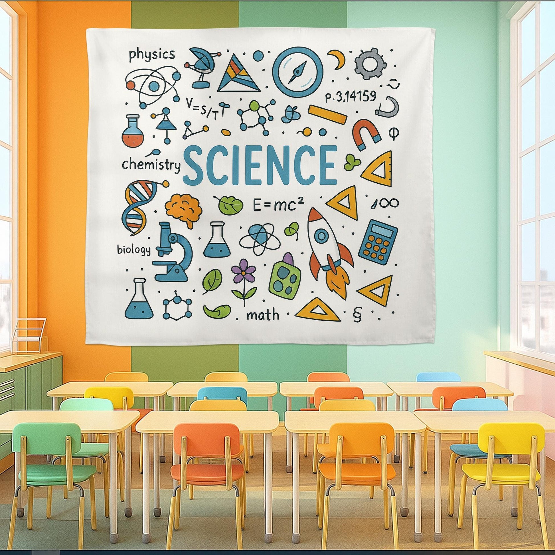 Colorful Science Classroom Tapestry, STEM Wall Art for Teachers, Educational School Banner, Science Decor for Kids Room