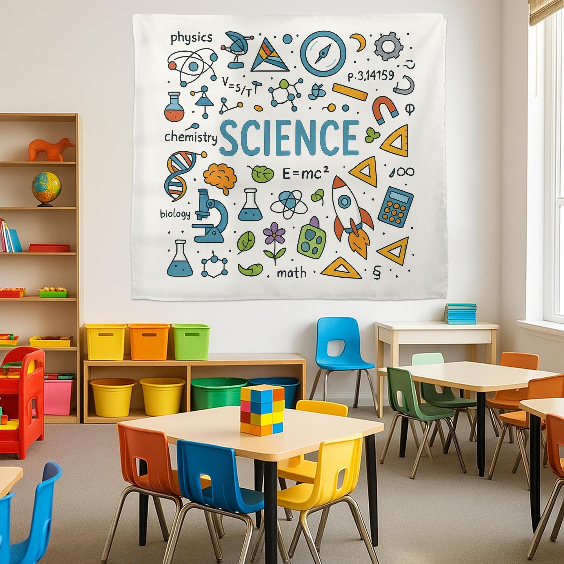 Colorful Science Classroom Tapestry, STEM Wall Art for Teachers, Educational School Banner, Science Decor for Kids Room