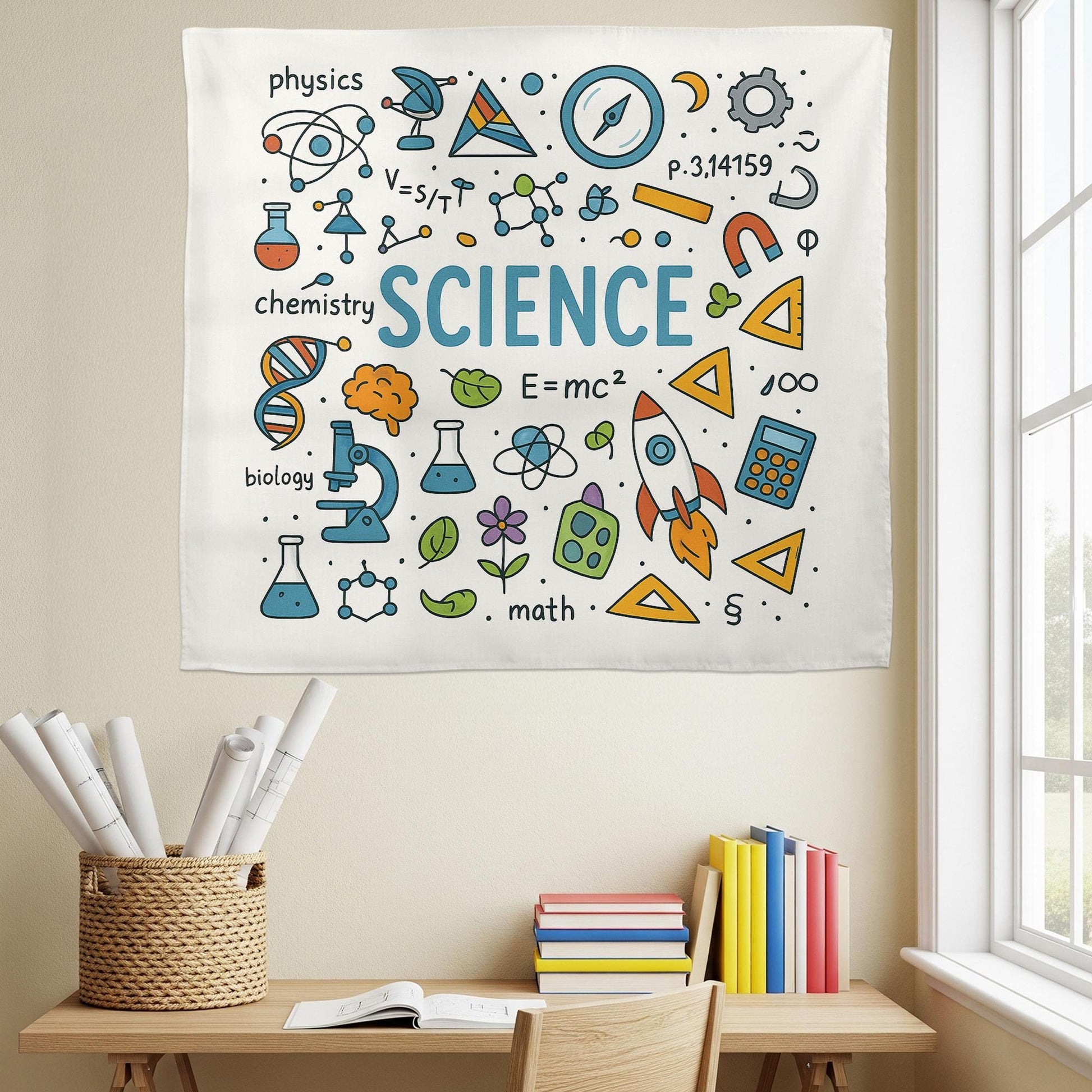 Colorful Science Classroom Tapestry, STEM Wall Art for Teachers, Educational School Banner, Science Decor for Kids Room