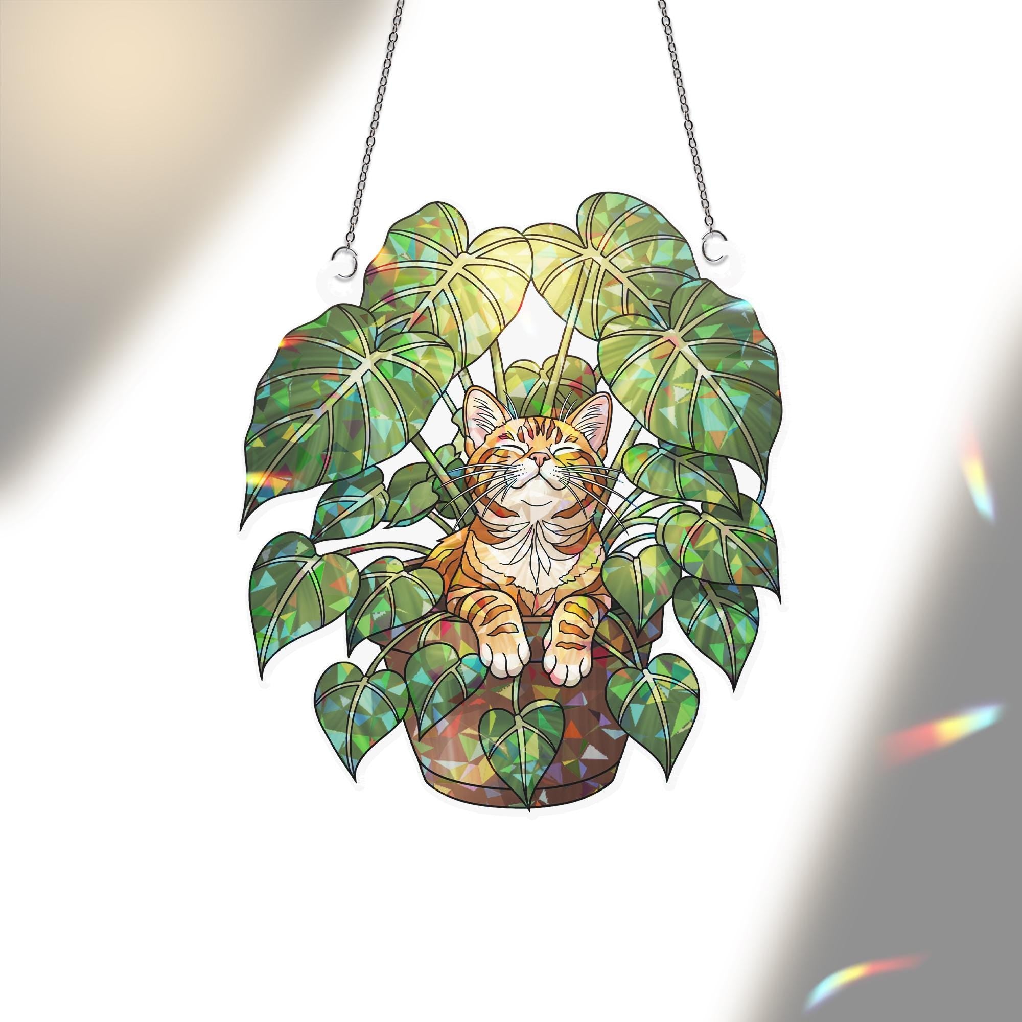 Orange Tabby Cat Suncatcher – Stained Glass Window Hanging, Cat in Plant Pot, Holographic Kitty Plant Decor, Cat Lover Gift