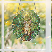 Orange Tabby Cat Suncatcher – Stained Glass Window Hanging, Cat in Plant Pot, Holographic Kitty Plant Decor, Cat Lover Gift
