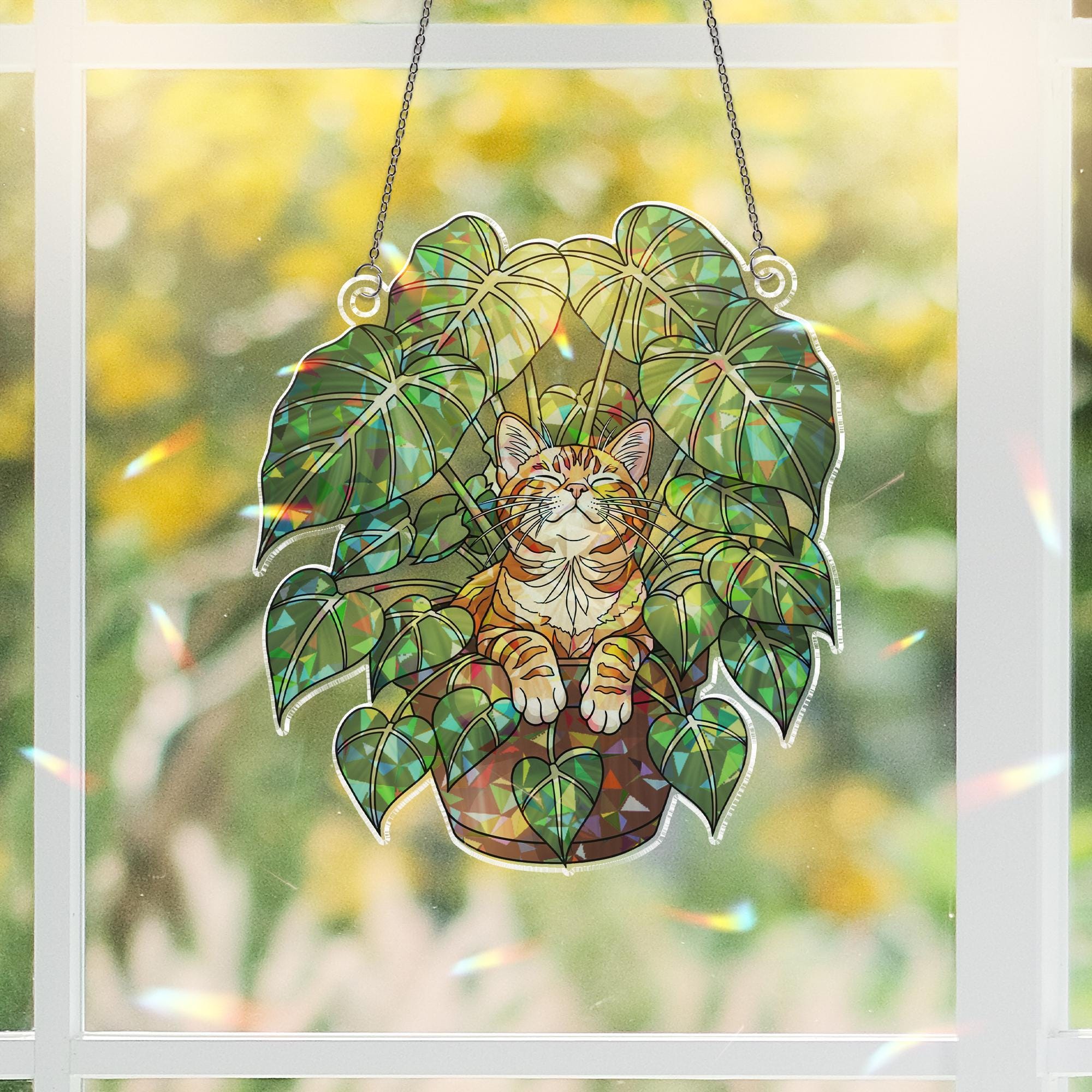Orange Tabby Cat Suncatcher – Stained Glass Window Hanging, Cat in Plant Pot, Holographic Kitty Plant Decor, Cat Lover Gift