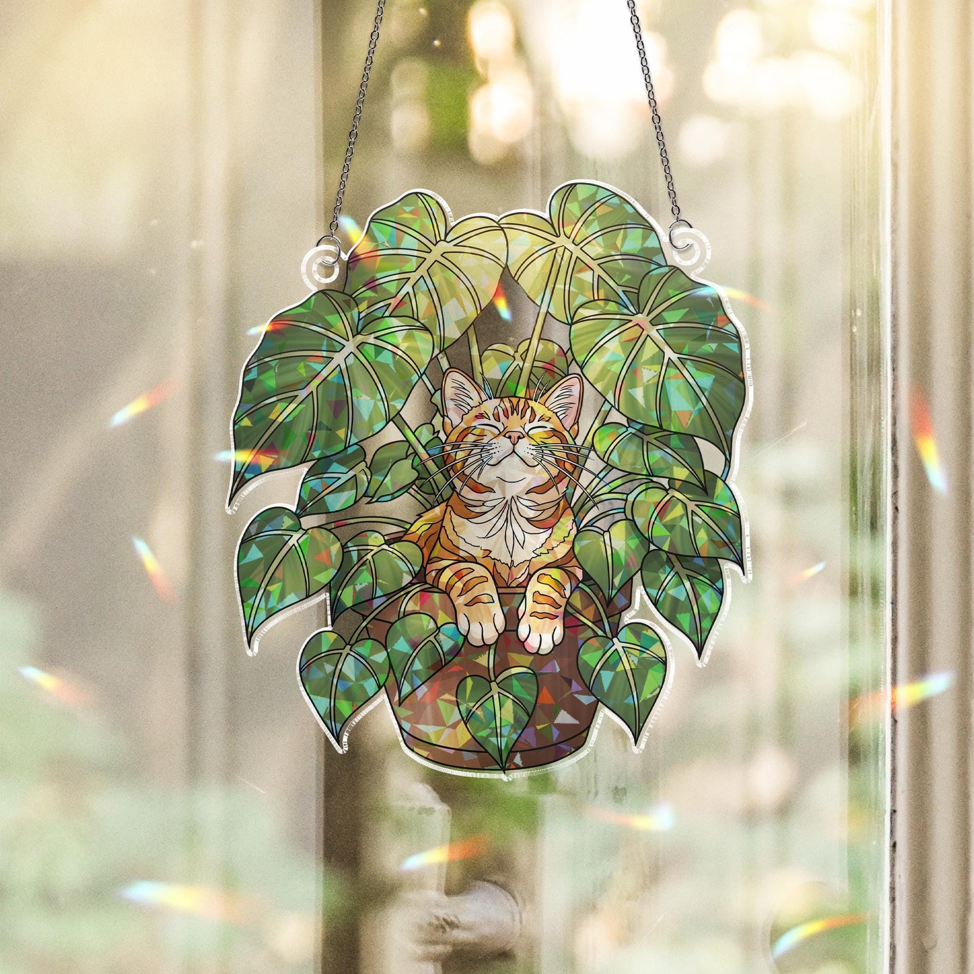 Orange Tabby Cat Suncatcher – Stained Glass Window Hanging, Cat in Plant Pot, Holographic Kitty Plant Decor, Cat Lover Gift