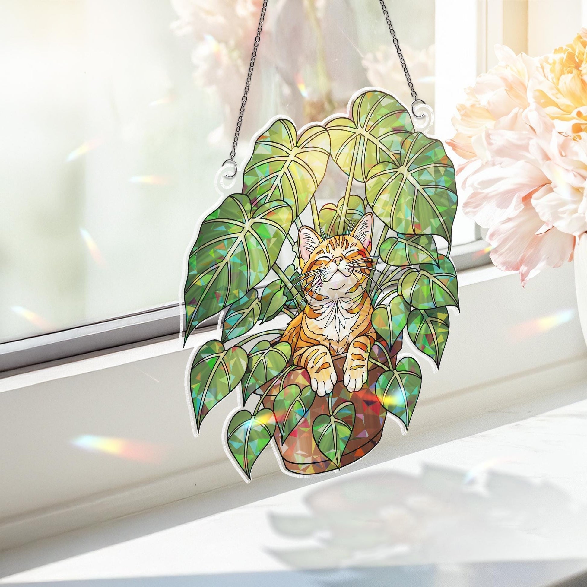 Orange Tabby Cat Suncatcher – Stained Glass Window Hanging, Cat in Plant Pot, Holographic Kitty Plant Decor, Cat Lover Gift