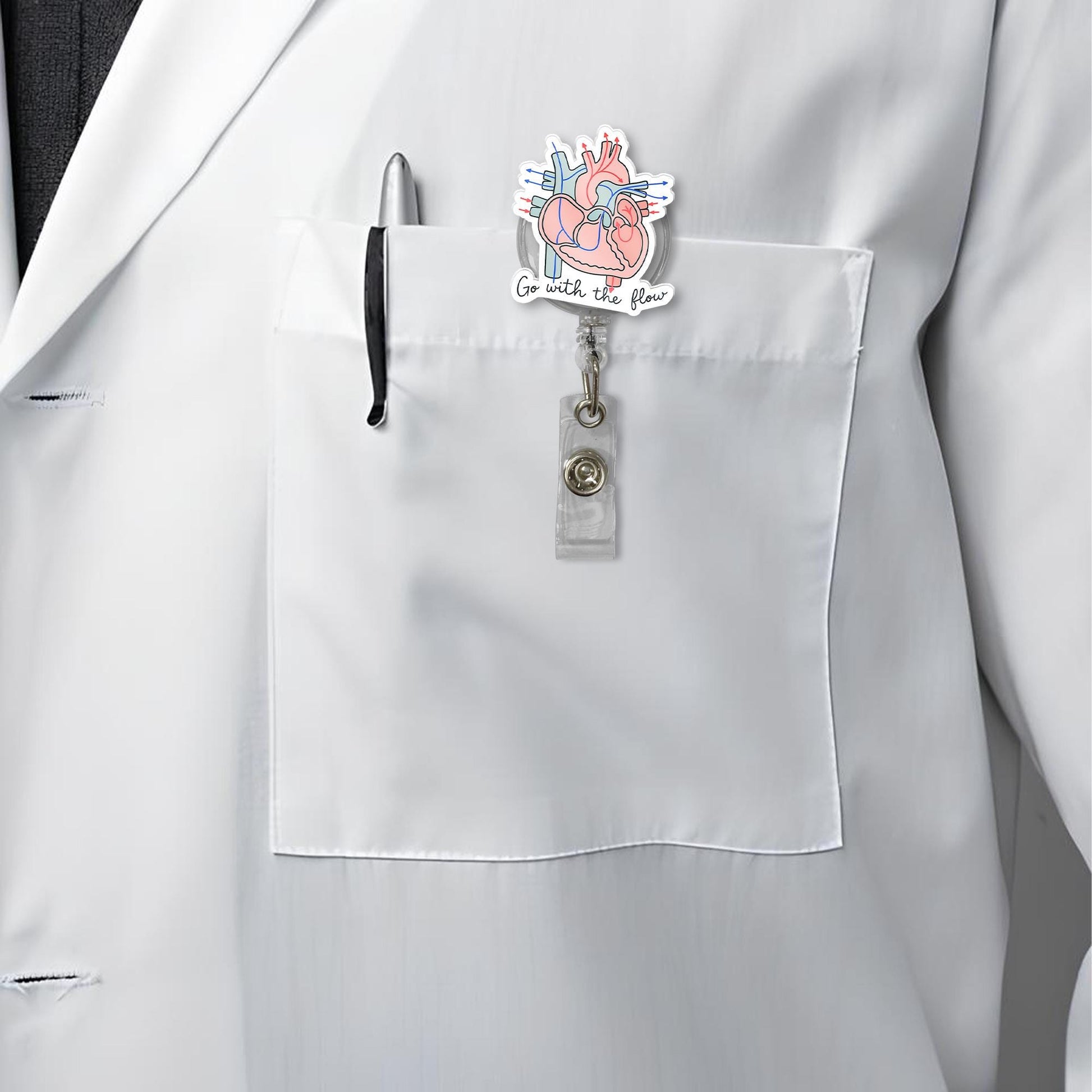 Anatomical Heart Badge Reel – “Go With the Flow” Retractable ID Holder, Medical Badge Clip, Nurse Cardiologist Gift, Anatomy Humor