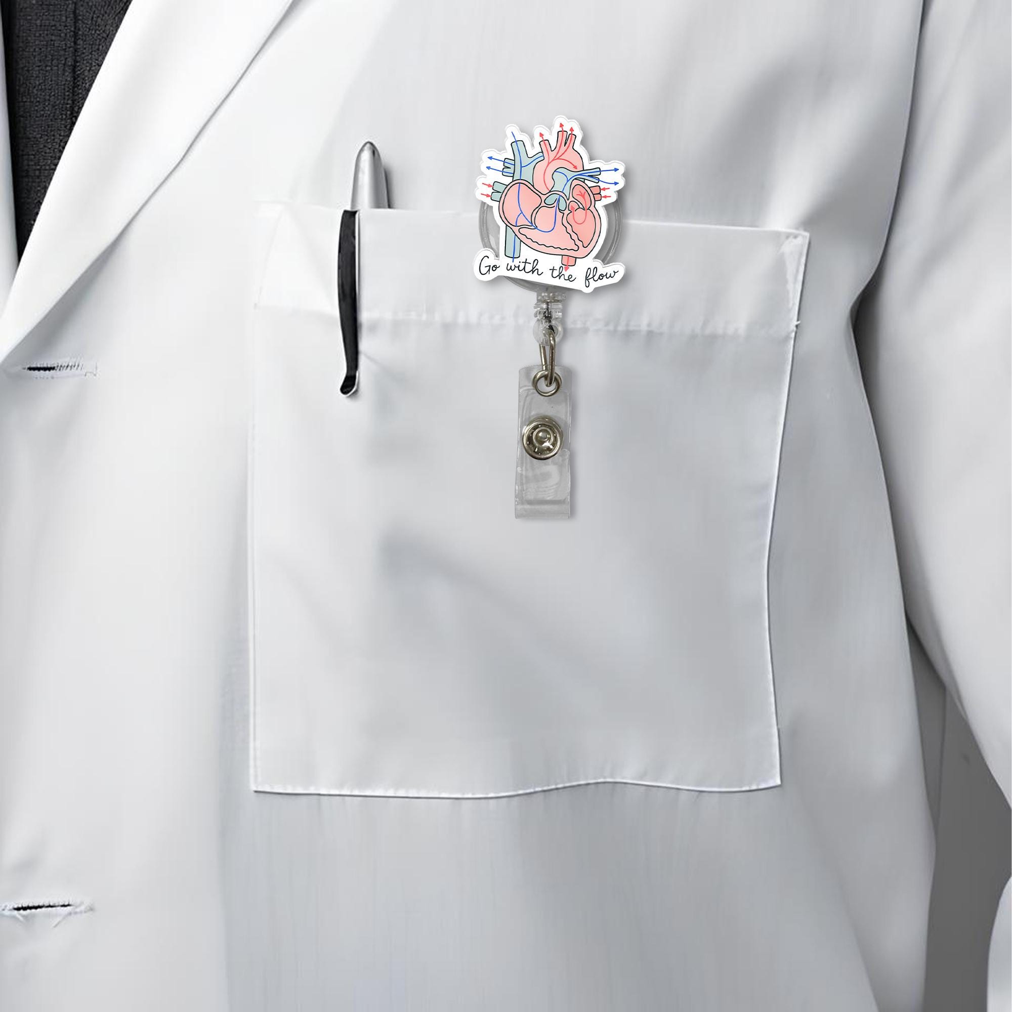 Anatomical Heart Badge Reel – “Go With the Flow” Retractable ID Holder, Medical Badge Clip, Nurse Cardiologist Gift, Anatomy Humor