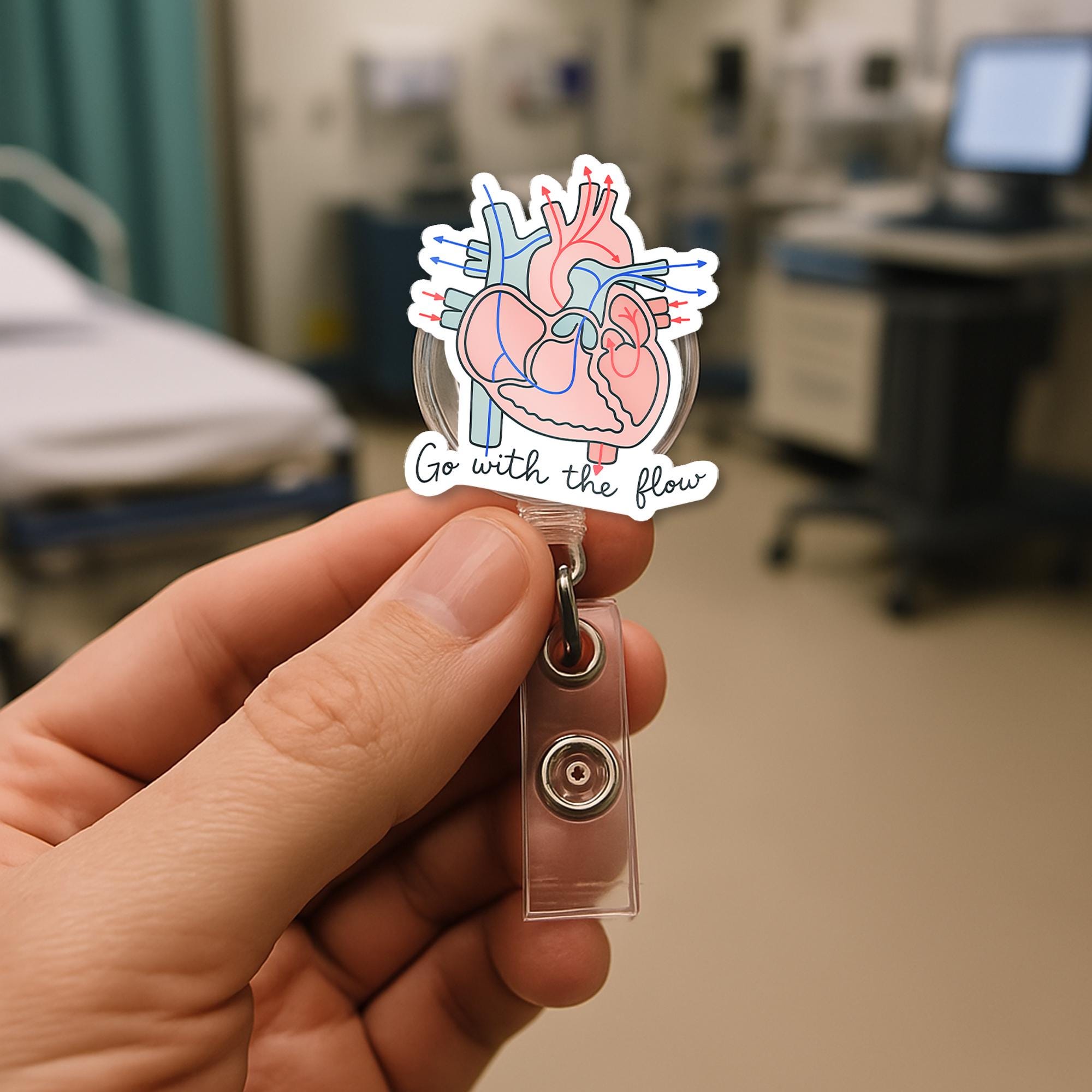 Anatomical Heart Badge Reel – “Go With the Flow” Retractable ID Holder, Medical Badge Clip, Nurse Cardiologist Gift, Anatomy Humor