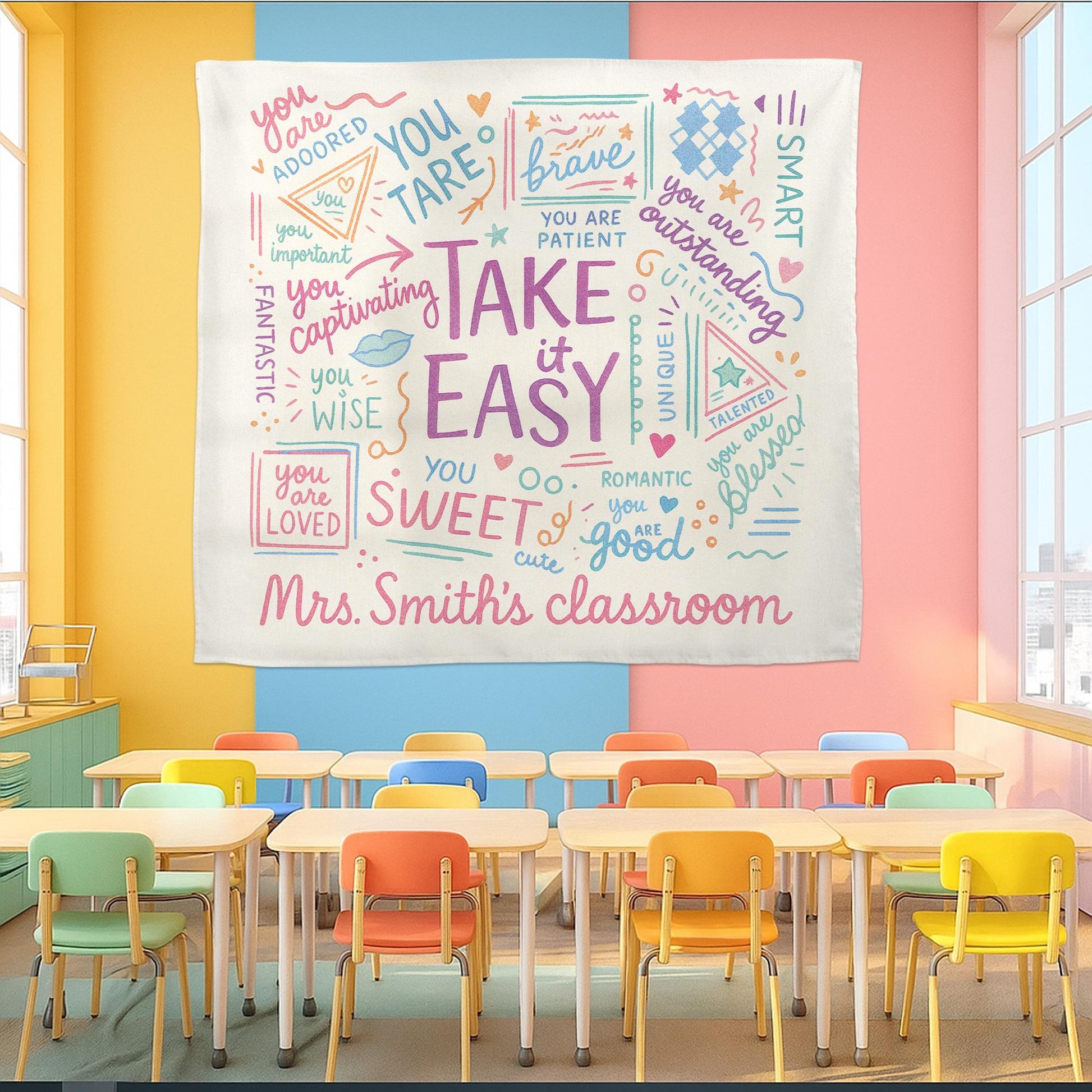 Take It Easy Classroom Tapestry, Encouraging Teacher Wall Decor, Positive Affirmation Banner, Cute Back to School Sign