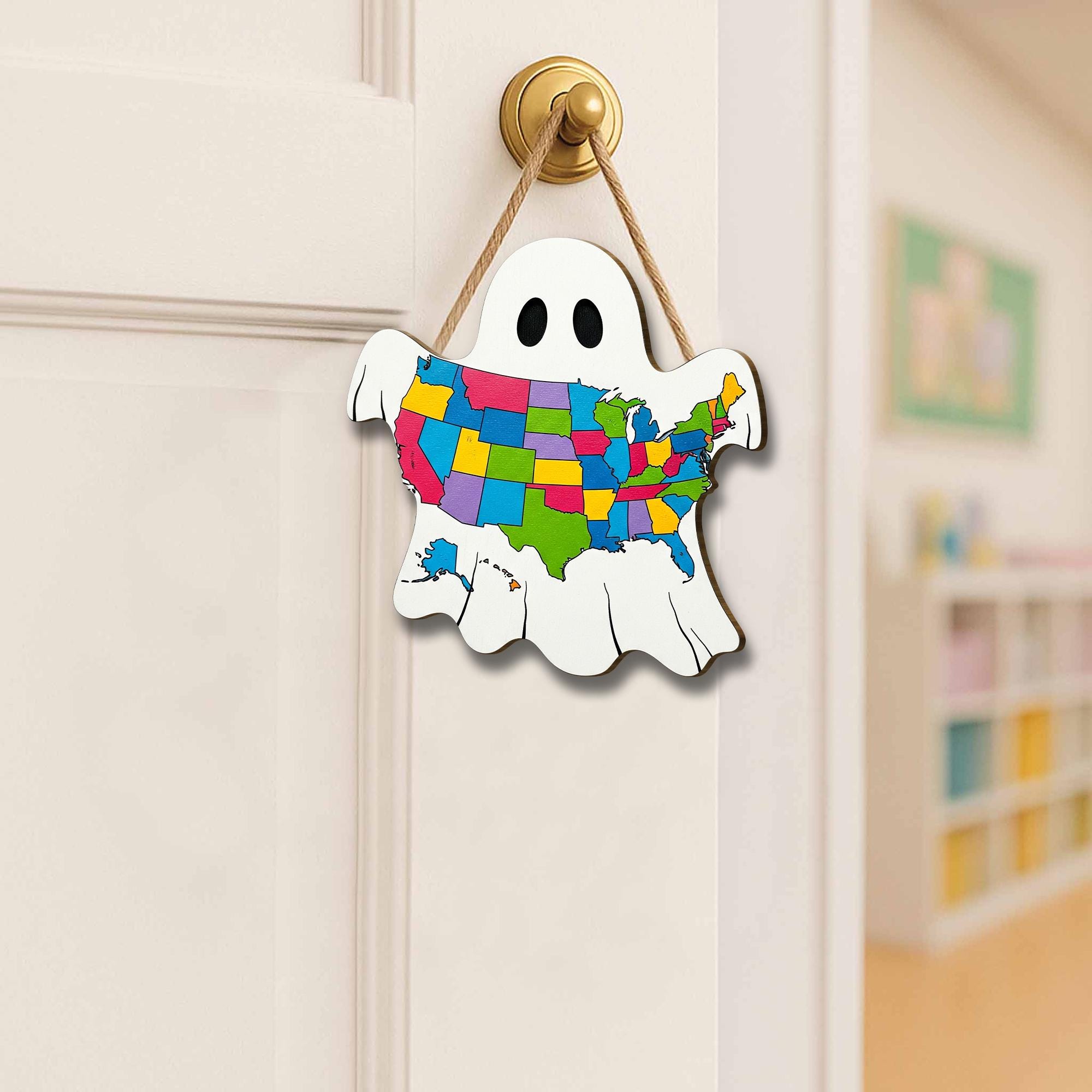 USA Map Ghost Wooden Door Sign – Colorful Halloween Decor, Ghost State Map Wall Hanging, Spooky Fall Porch Decoration, Trick or Treat Sign