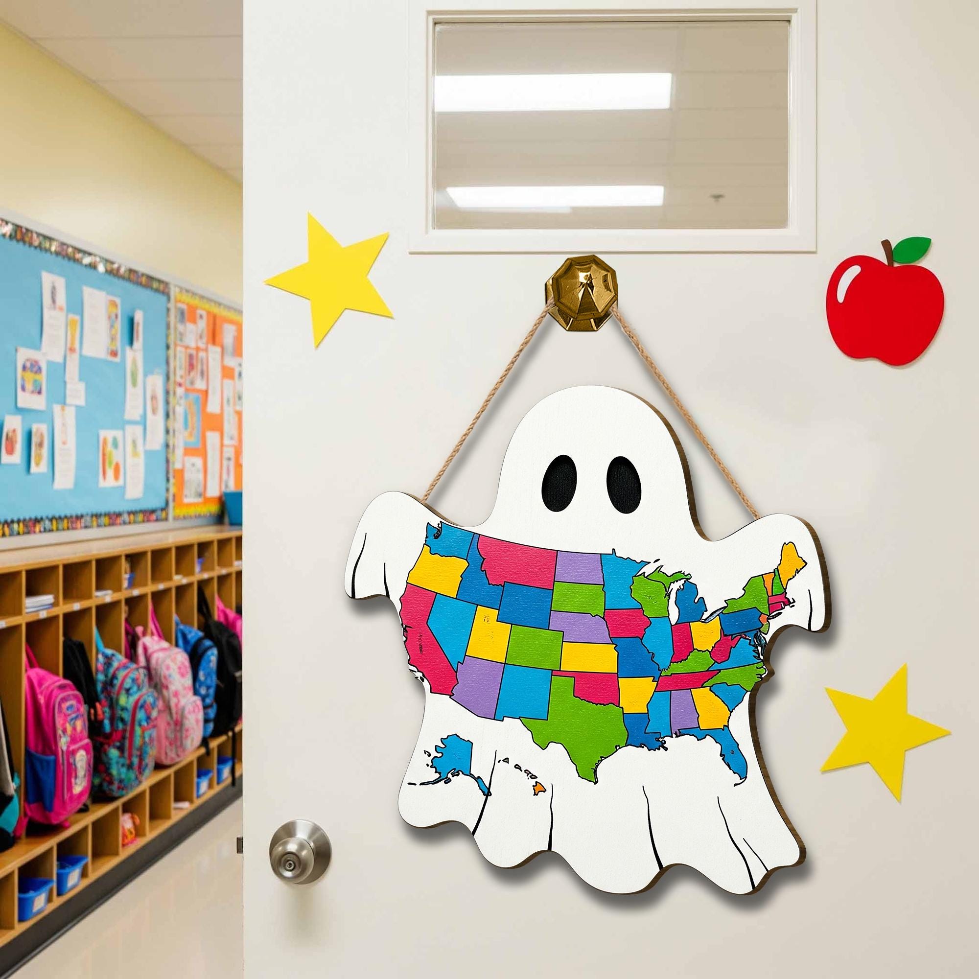 USA Map Ghost Wooden Door Sign – Colorful Halloween Decor, Ghost State Map Wall Hanging, Spooky Fall Porch Decoration, Trick or Treat Sign