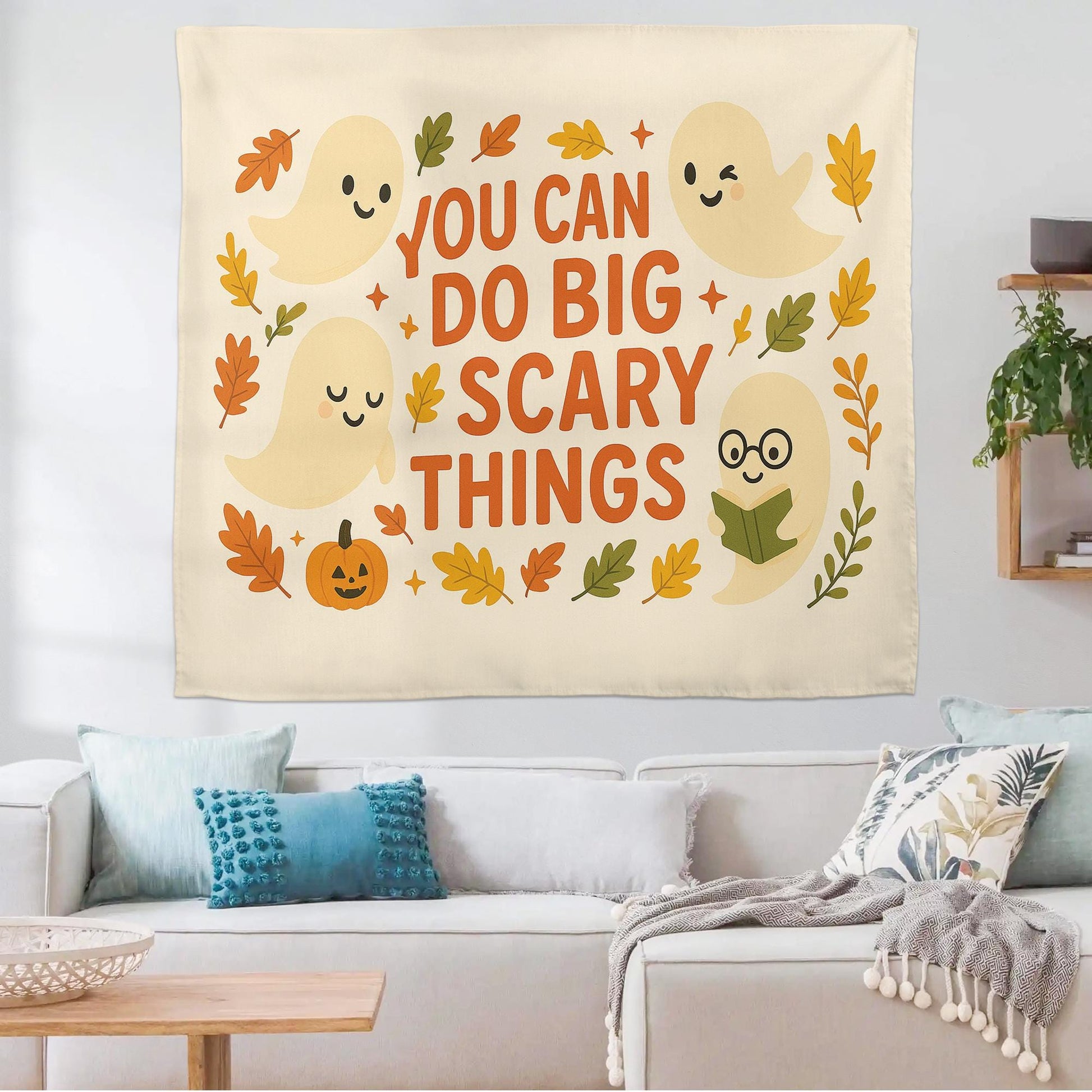 You Can Do Big Scary Things Tapestry – Cute Halloween Wall Hanging, Ghost Fall Decor, Motivational Quote Banner for Dorm or Living Room