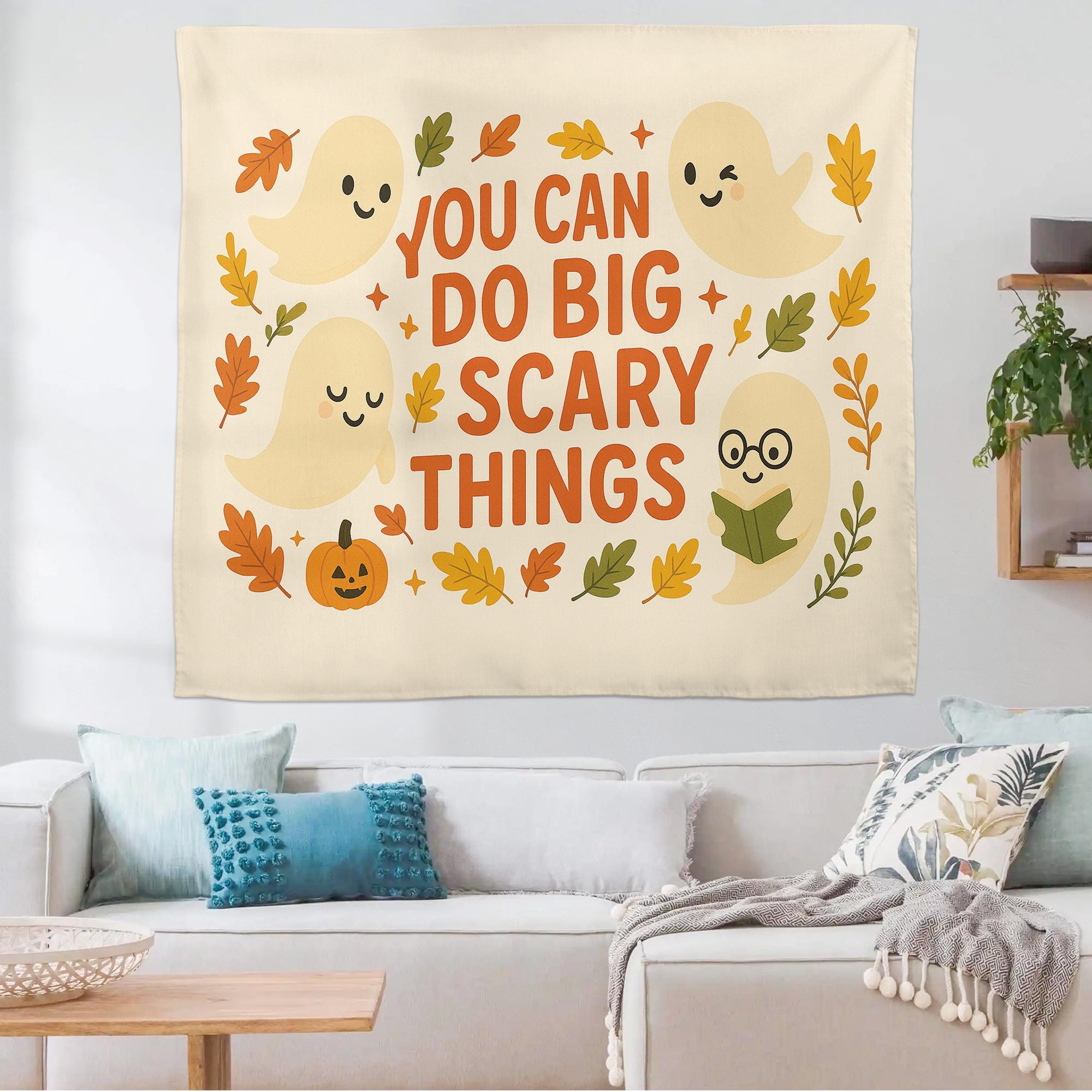 You Can Do Big Scary Things Tapestry – Cute Halloween Wall Hanging, Ghost Fall Decor, Motivational Quote Banner for Dorm or Living Room
