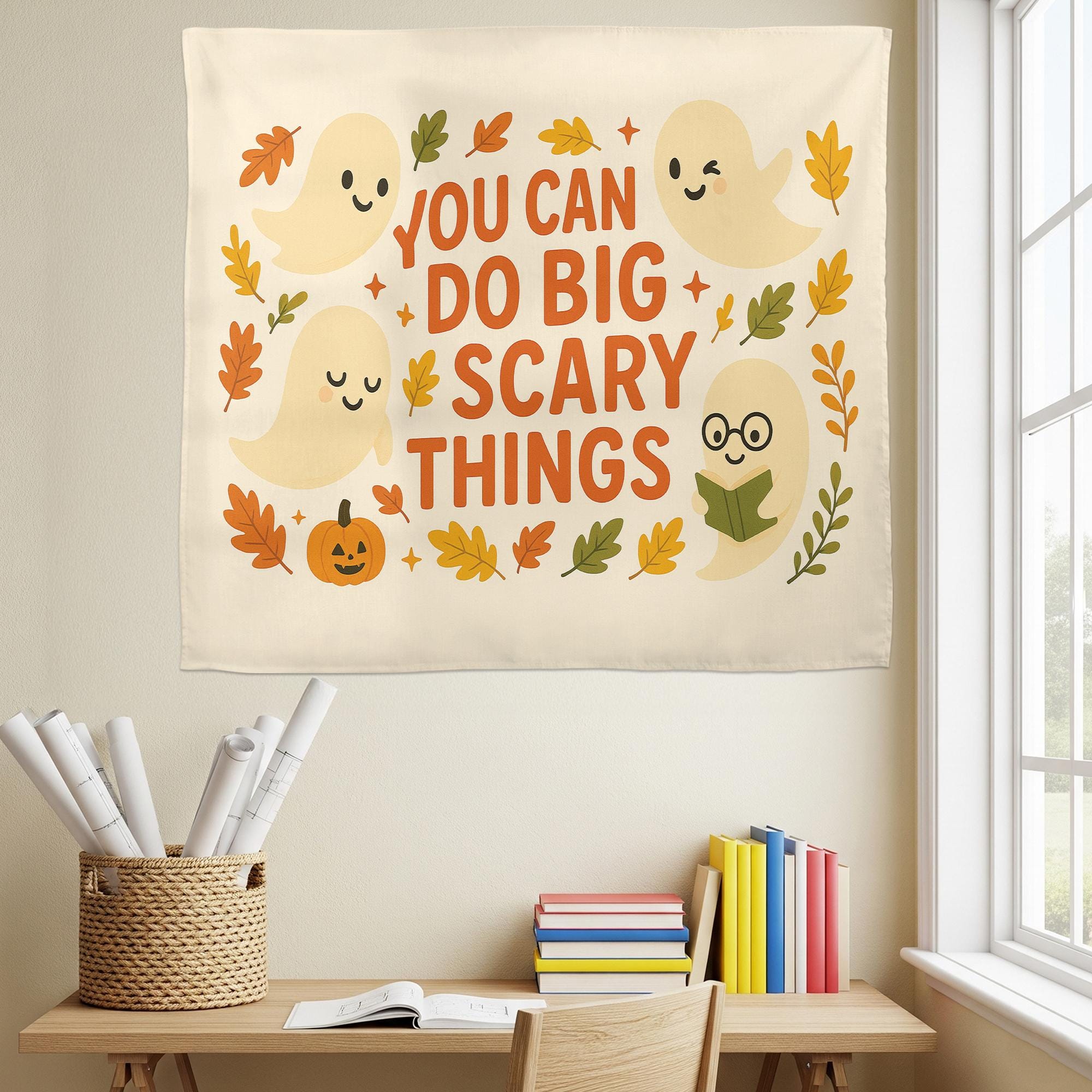 You Can Do Big Scary Things Tapestry – Cute Halloween Wall Hanging, Ghost Fall Decor, Motivational Quote Banner for Dorm or Living Room