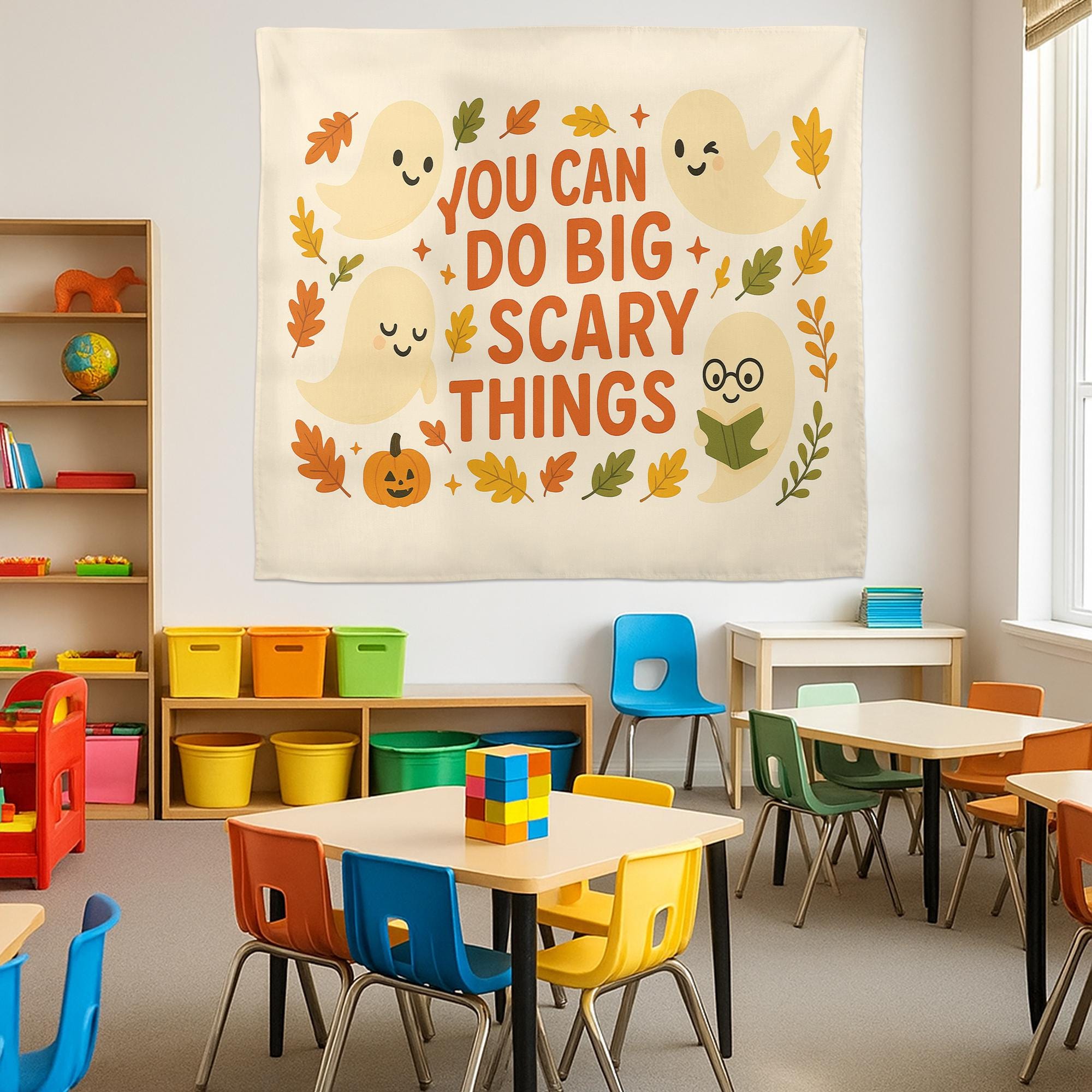 You Can Do Big Scary Things Tapestry – Cute Halloween Wall Hanging, Ghost Fall Decor, Motivational Quote Banner for Dorm or Living Room