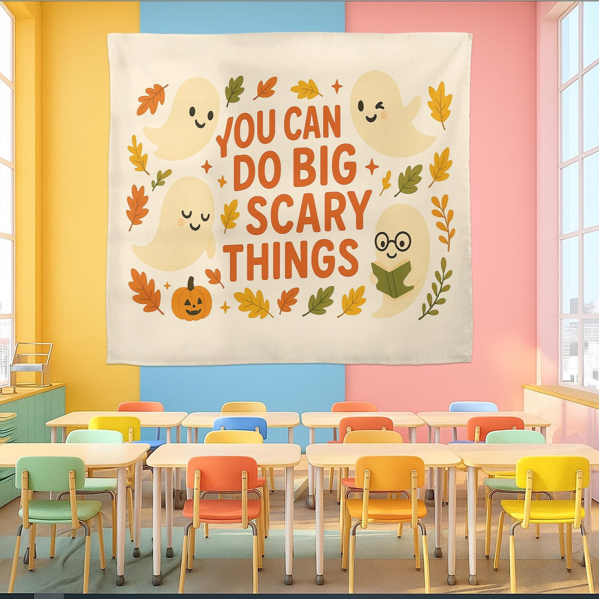 You Can Do Big Scary Things Tapestry – Cute Halloween Wall Hanging, Ghost Fall Decor, Motivational Quote Banner for Dorm or Living Room
