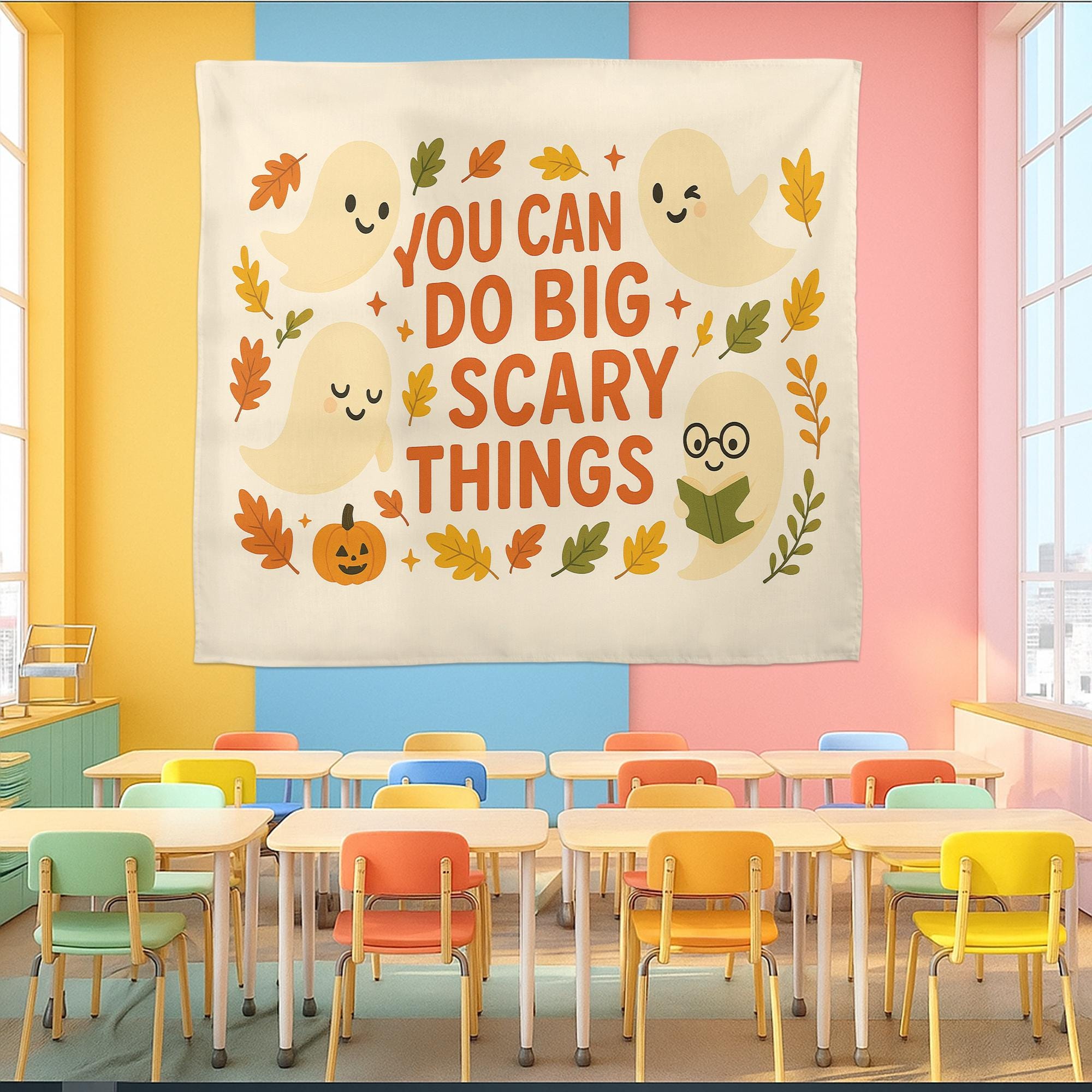You Can Do Big Scary Things Tapestry – Cute Halloween Wall Hanging, Ghost Fall Decor, Motivational Quote Banner for Dorm or Living Room