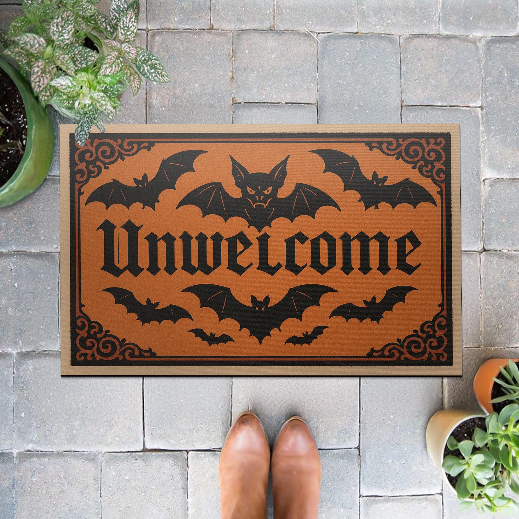 Unwelcome Halloween Doormat, Funny Bat Door Mat, Gothic Front Porch Decor, Spooky Entrance Rug, Creepy Welcome Mat
